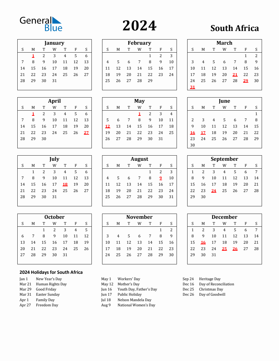 Free Printable 2024 South Africa Holiday Calendar | Printable Calendar 2024 South Africa Pdf Download