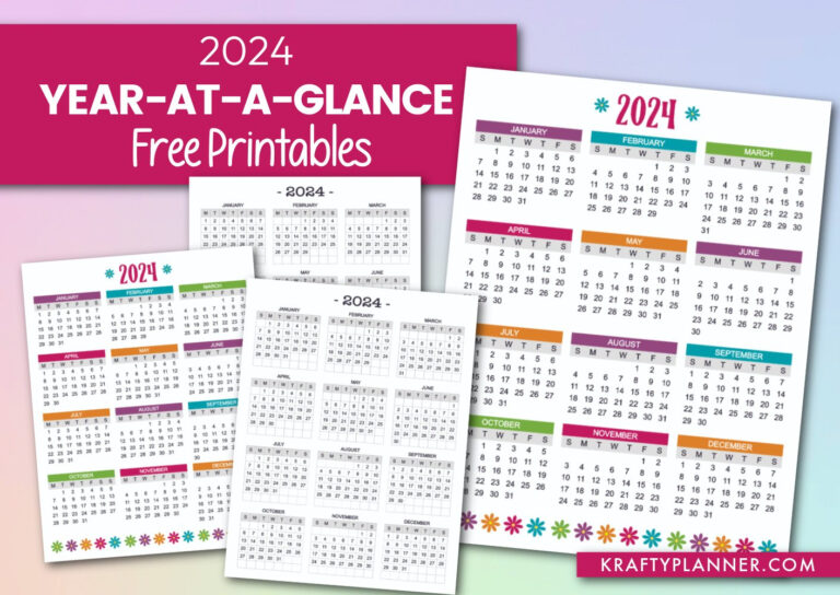 Free Printable 2024 Year-At-A-Glance Calendar — Krafty Planner | 2024 Calendar At A Glance Printable Free