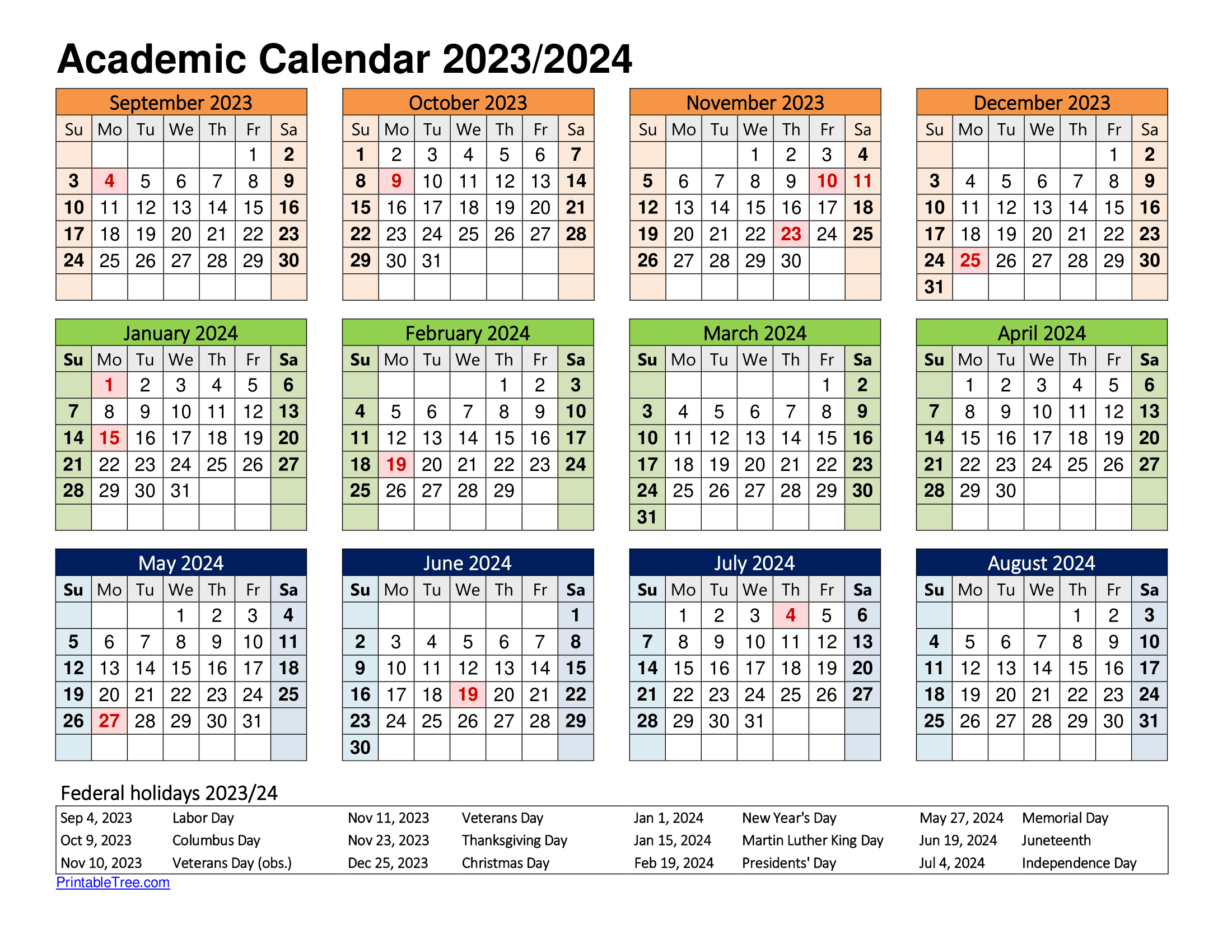 Free Printable Academic Calendar 2023 To 2024 Templates | 2023 Calendar 2024 Printable Academic