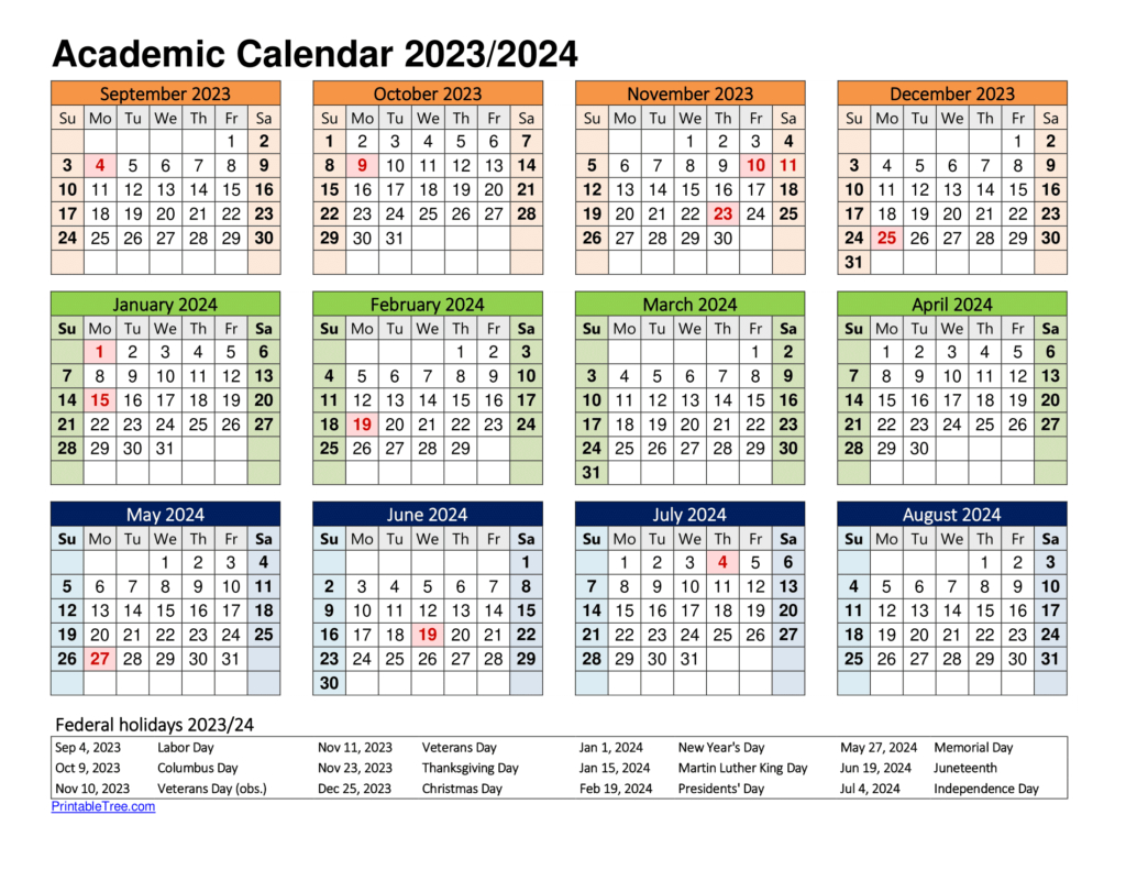 Free Printable Academic Calendar 2023 To 2024 Templates | 2023 Calendar 2024 Printable School