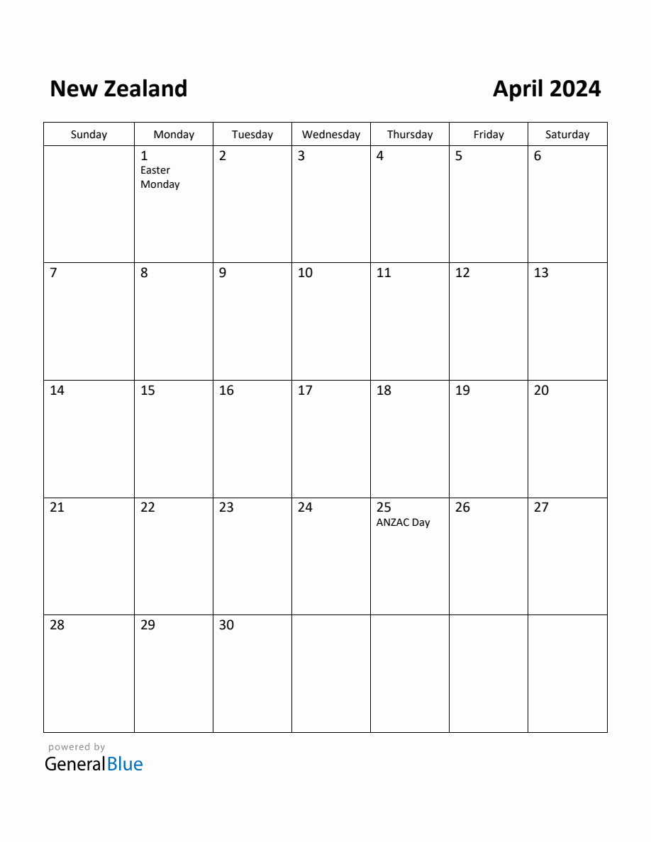 Free Printable April 2024 Calendar For New Zealand | 2024 Calendar With Holidays NZ Printable Free