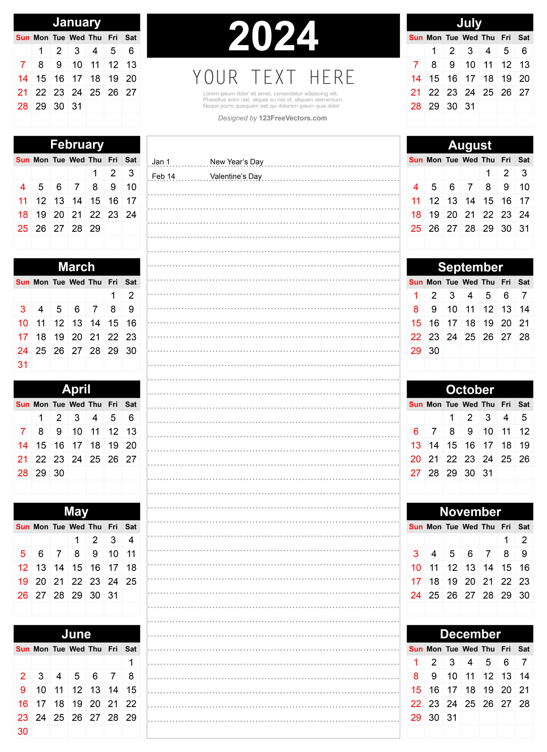 Free Printable 2024 Calendar with Notes Section Printable Calendar 2024