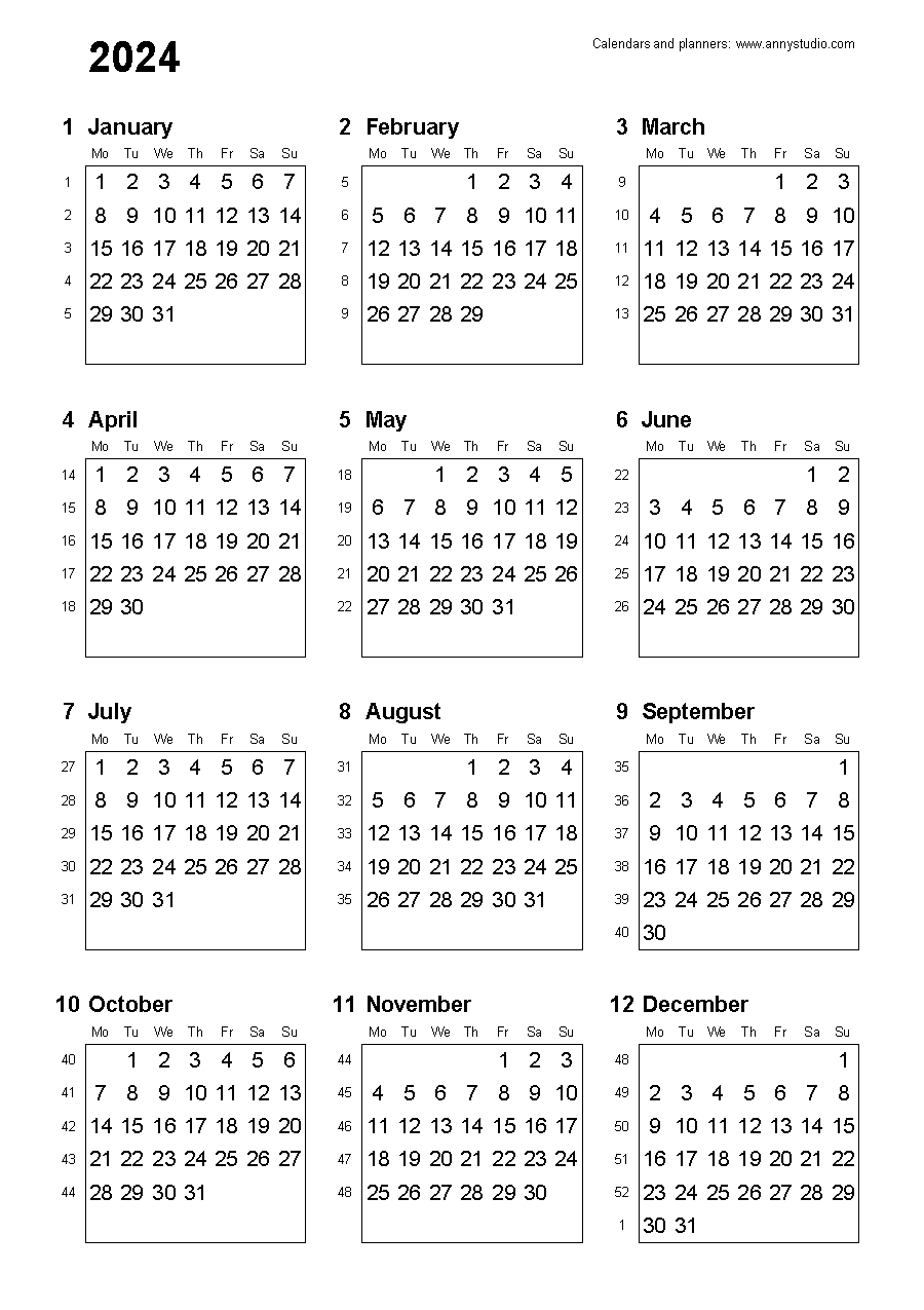 Free Printable Calendars And Planners 2024, 2025 And 2026 | 2024 Yearly Calendar Printable Monday Start