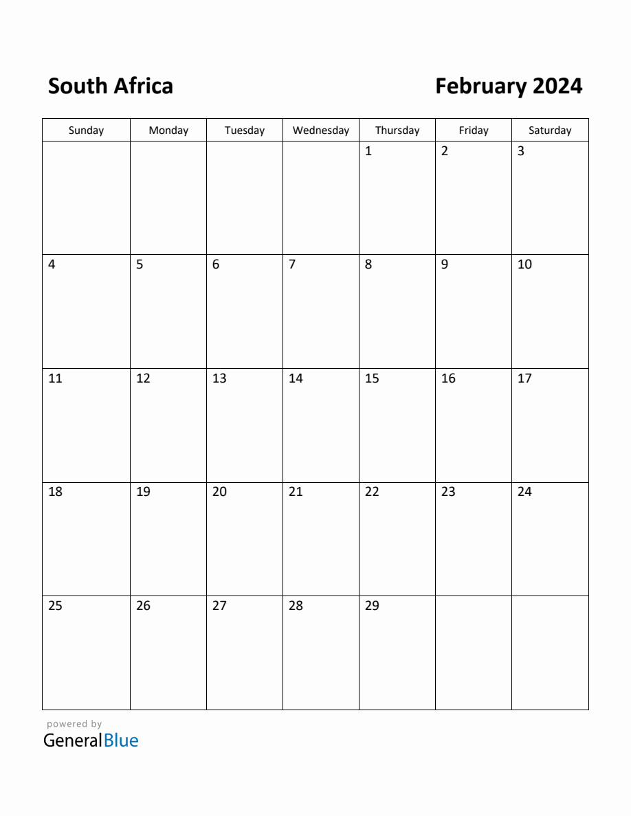 Free Printable February 2024 Calendar For South Africa | Free Printable Calendar 2024 South Africa