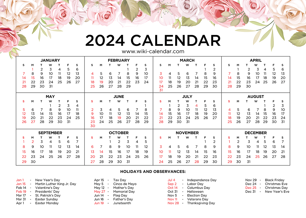 Free Printable Floral Calendar 2024 - Wiki Calendar | 12 Month Free Printable Calendar 2024