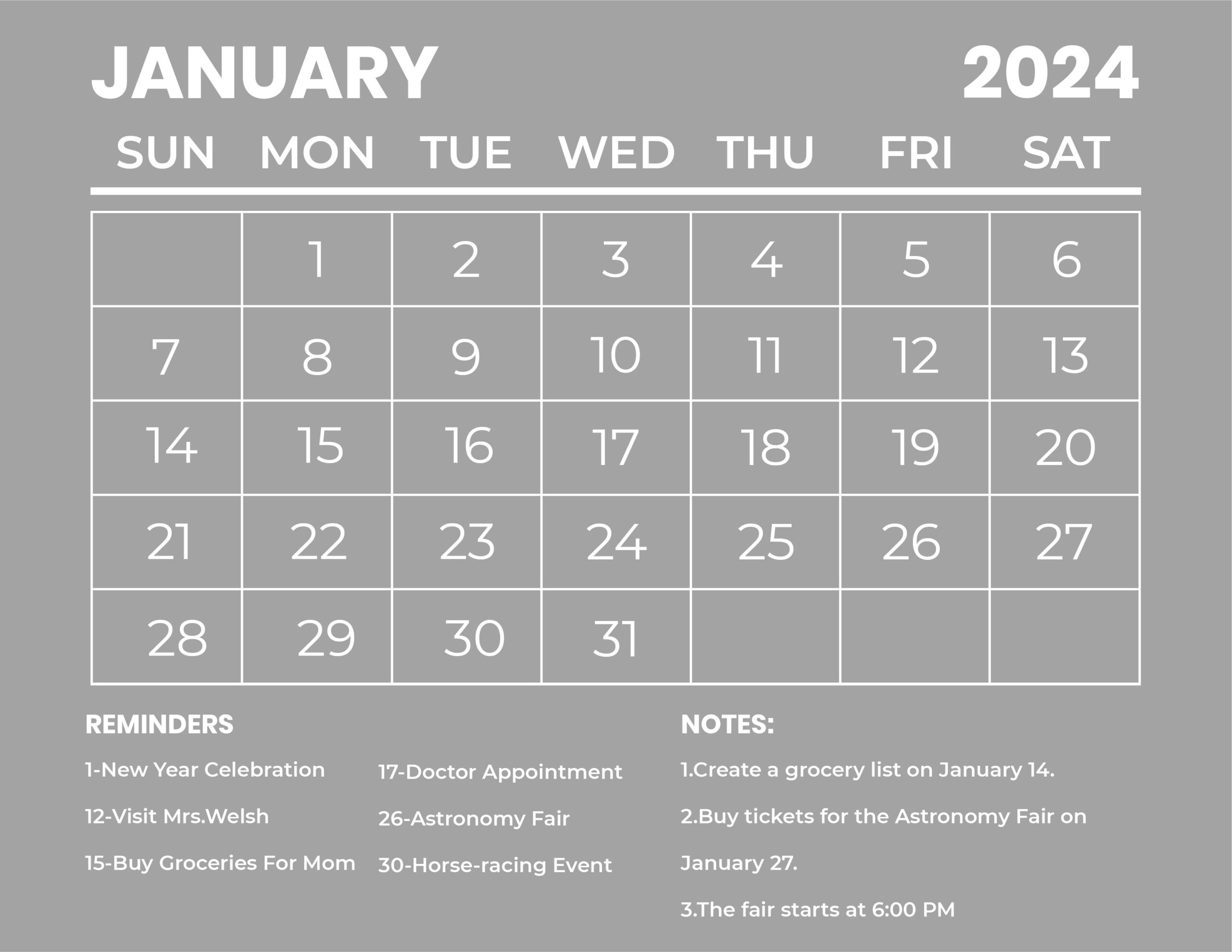 Free Printable January 2024 Calendar - Download In Word | January 2024 Calendar Printable Free Editable