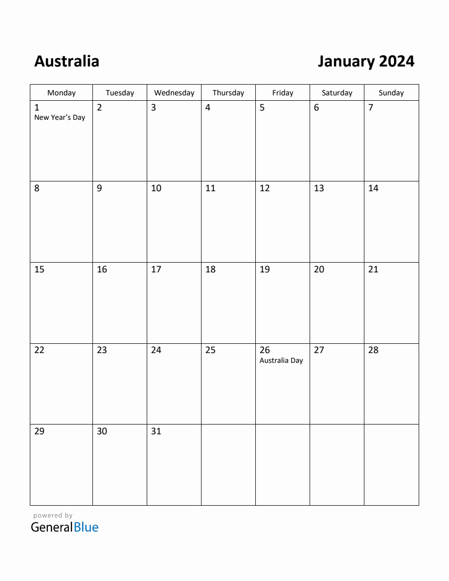 Free Printable January 2024 Calendar For Australia | 2024 Printable Calendar By Month Australia