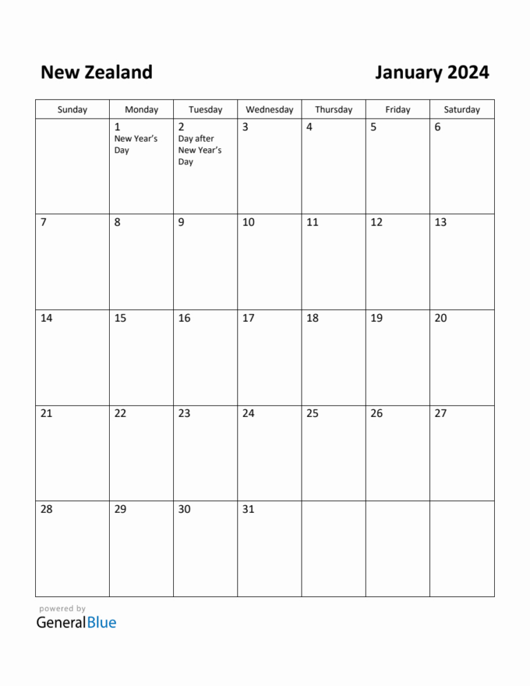 Free Printable January 2024 Calendar For New Zealand | January 2024 Calendar Nz Printable