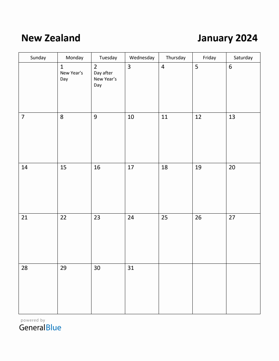 Free Printable January 2024 Calendar For New Zealand | January 2024 Calendar Nz Printable