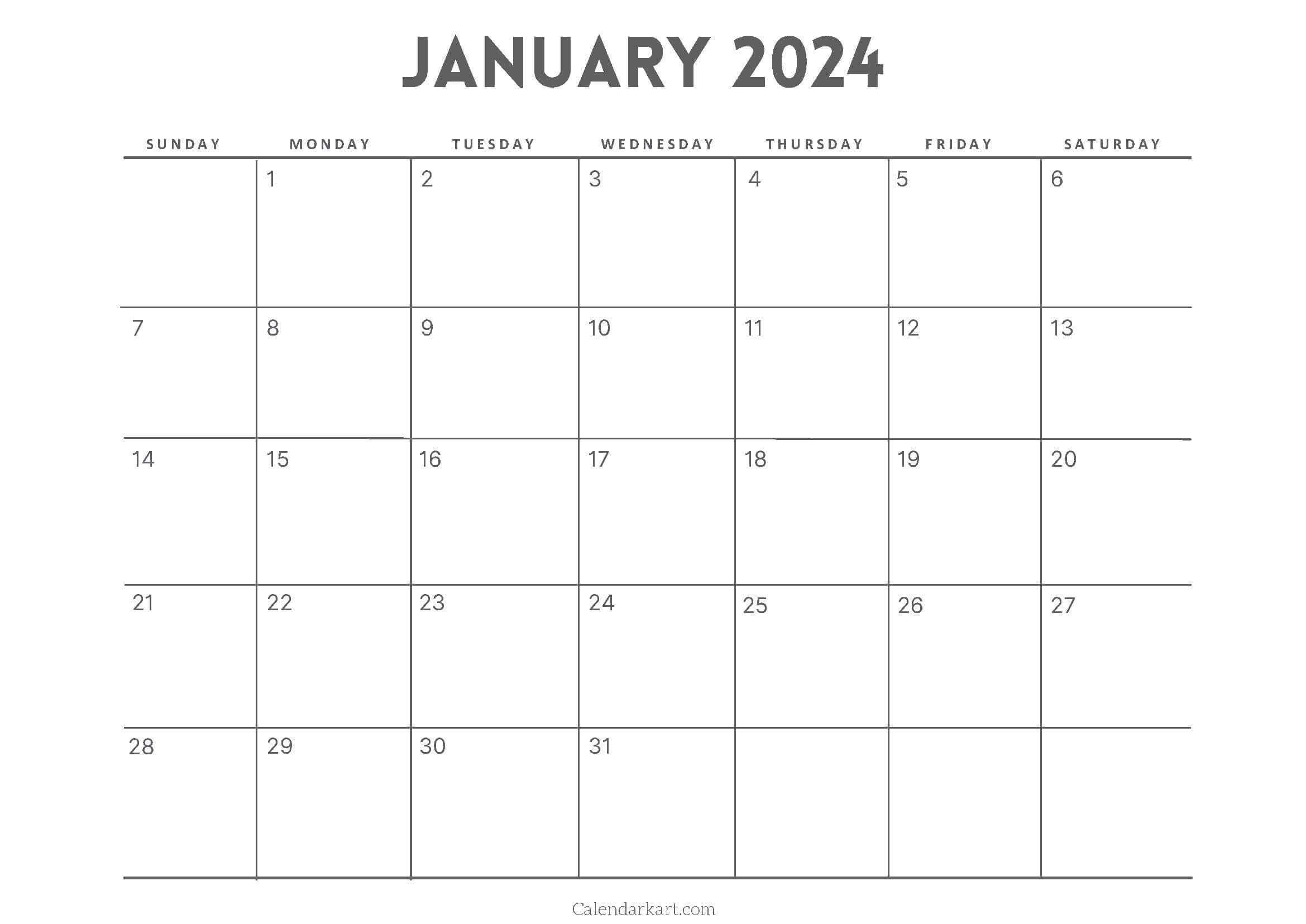 Free Printable January 2024 Calendars - Calendarkart | 2024 Calendar Printable HP