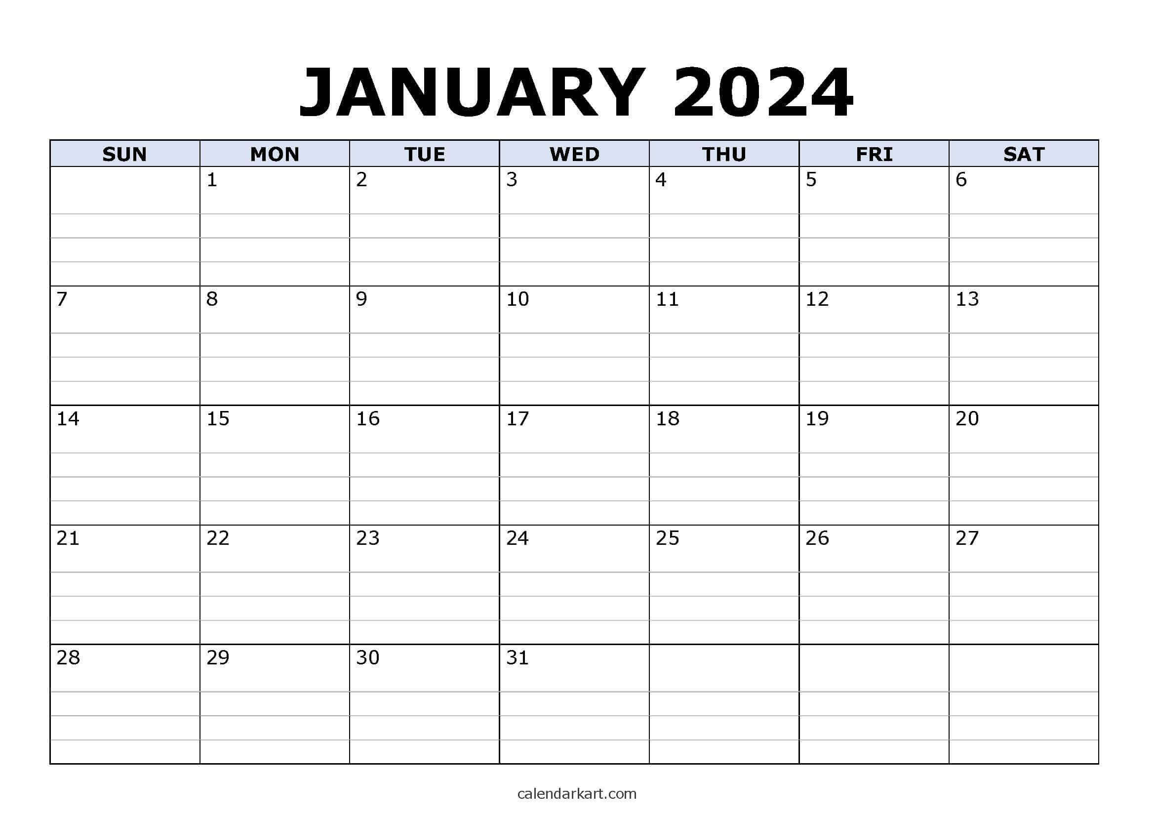 Free Printable January 2024 Calendars - Calendarkart | 2024 Calendar Printable With Lines