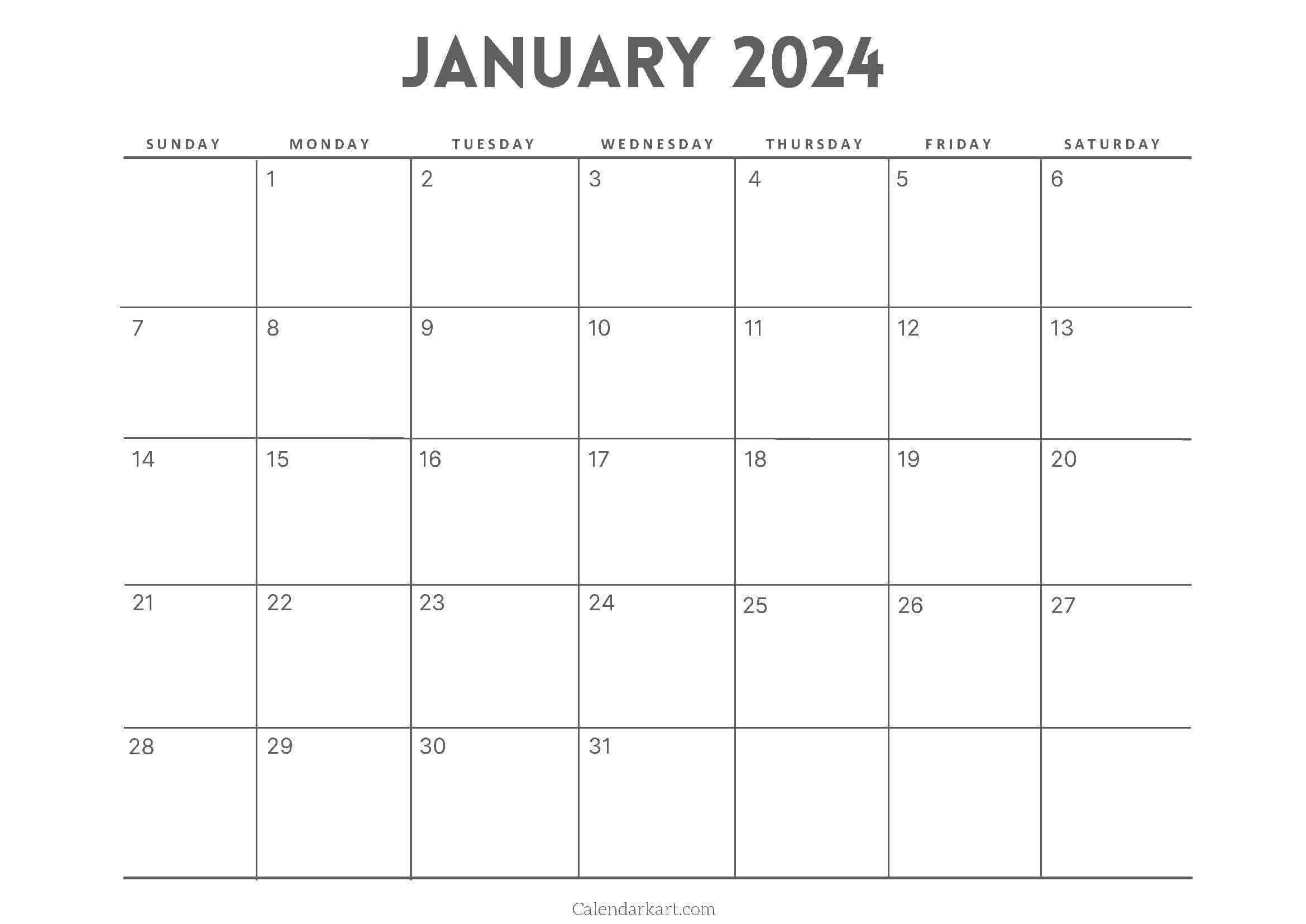 Free Printable January 2024 Calendars - Calendarkart | 2024 Printable Monthly Calendar Large Squares