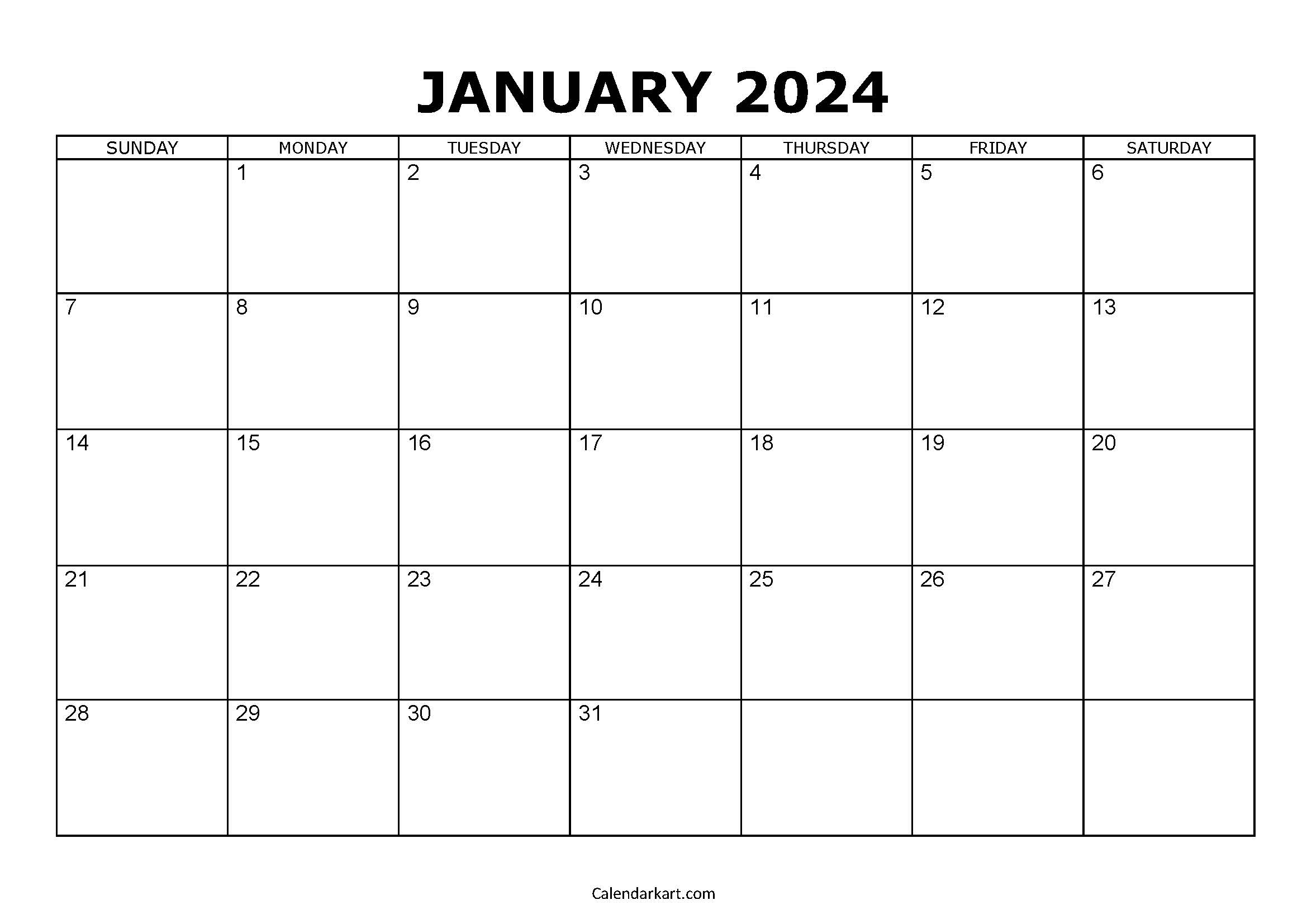 Free Printable January 2024 Calendars - Calendarkart | 2024 Printable Monthly Calendar Large Squares