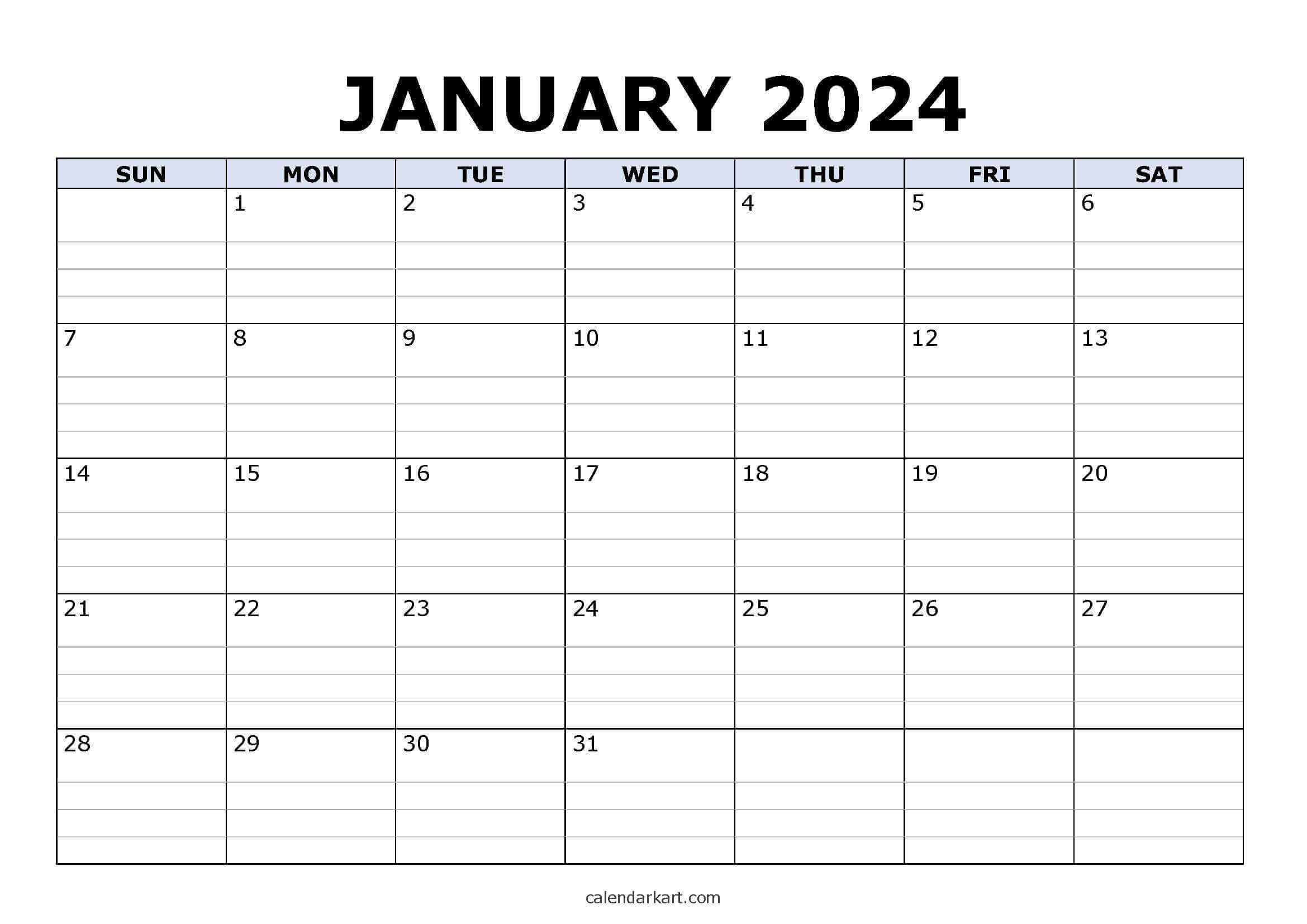 Free Printable January 2024 Calendars - Calendarkart | Free Printable Calendar 2024 Monthly With Lines