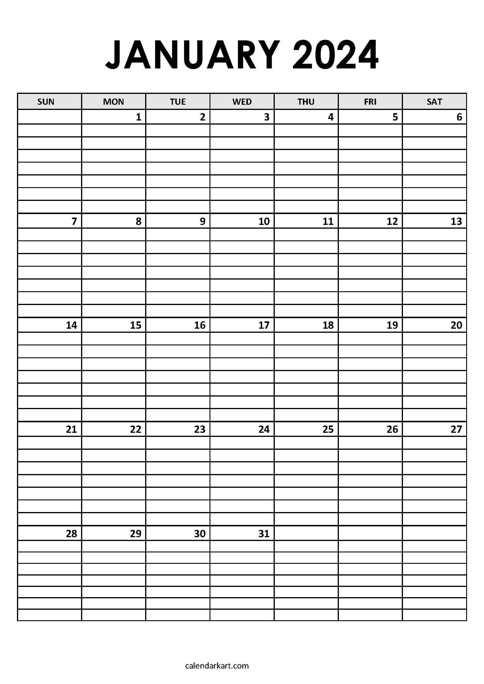 Free Printable January 2024 Calendars - Calendarkart | Free Printable Calendar 2024 Monthly With Lines