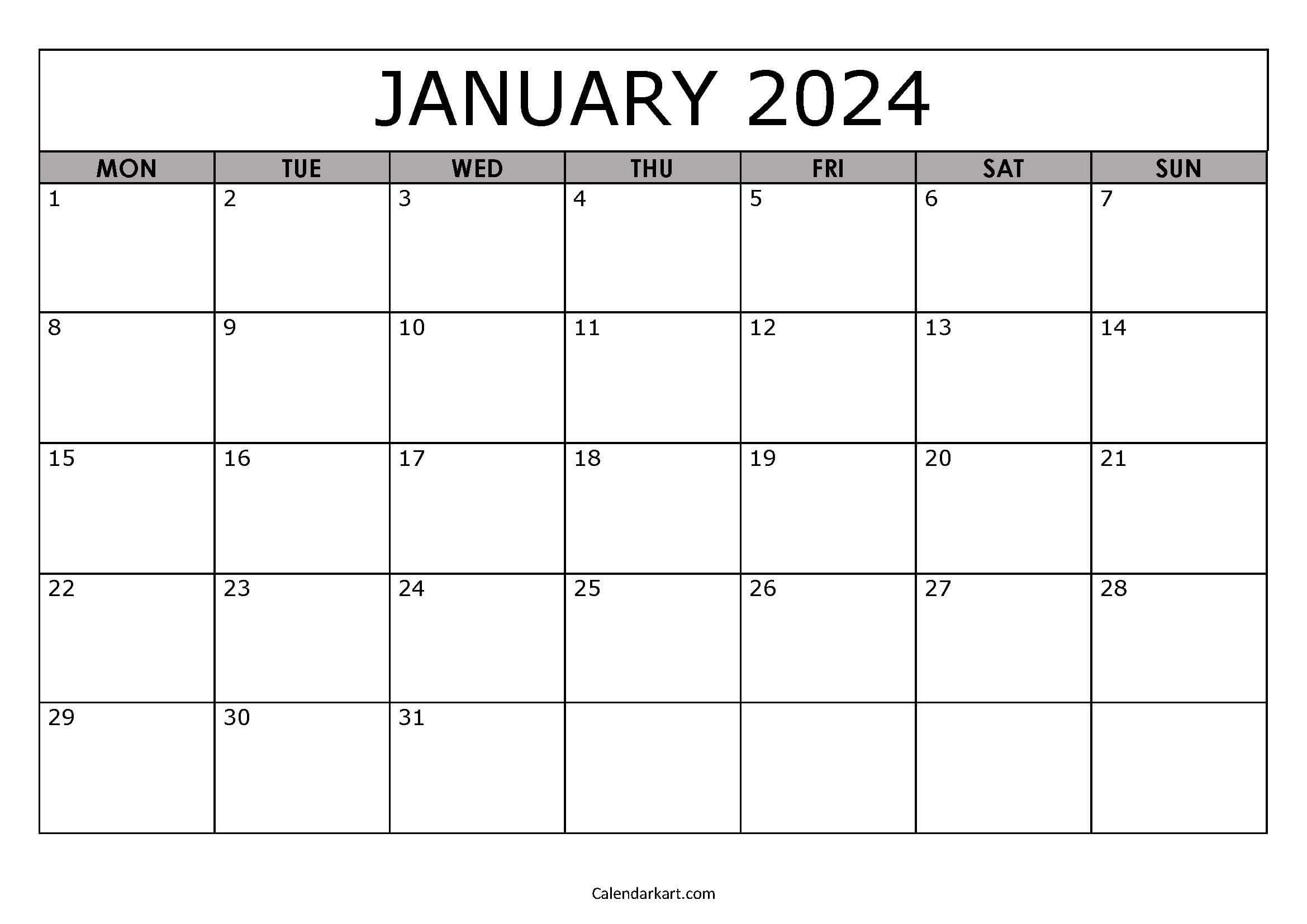 Free Printable January 2024 Calendars - Calendarkart | Free Printable Calendar 2024 Starting Monday