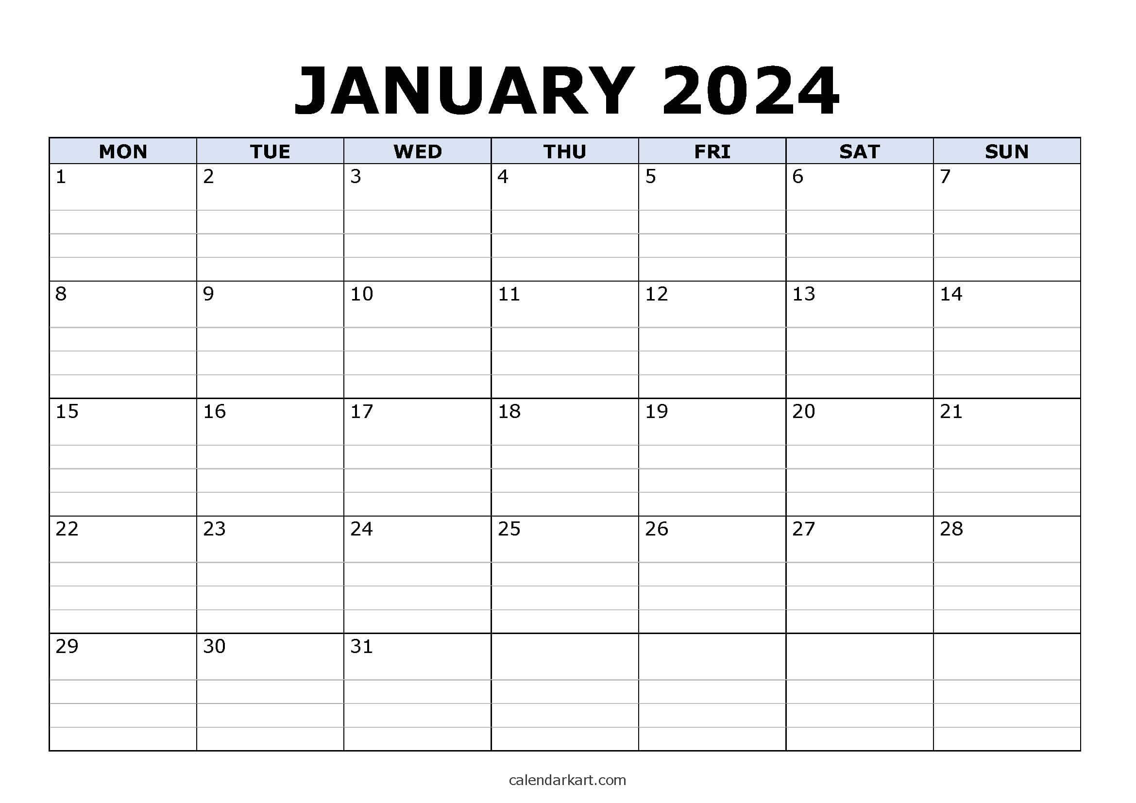 Free Printable January 2024 Calendars - Calendarkart | January 2024 Calendar Printable Monday Start