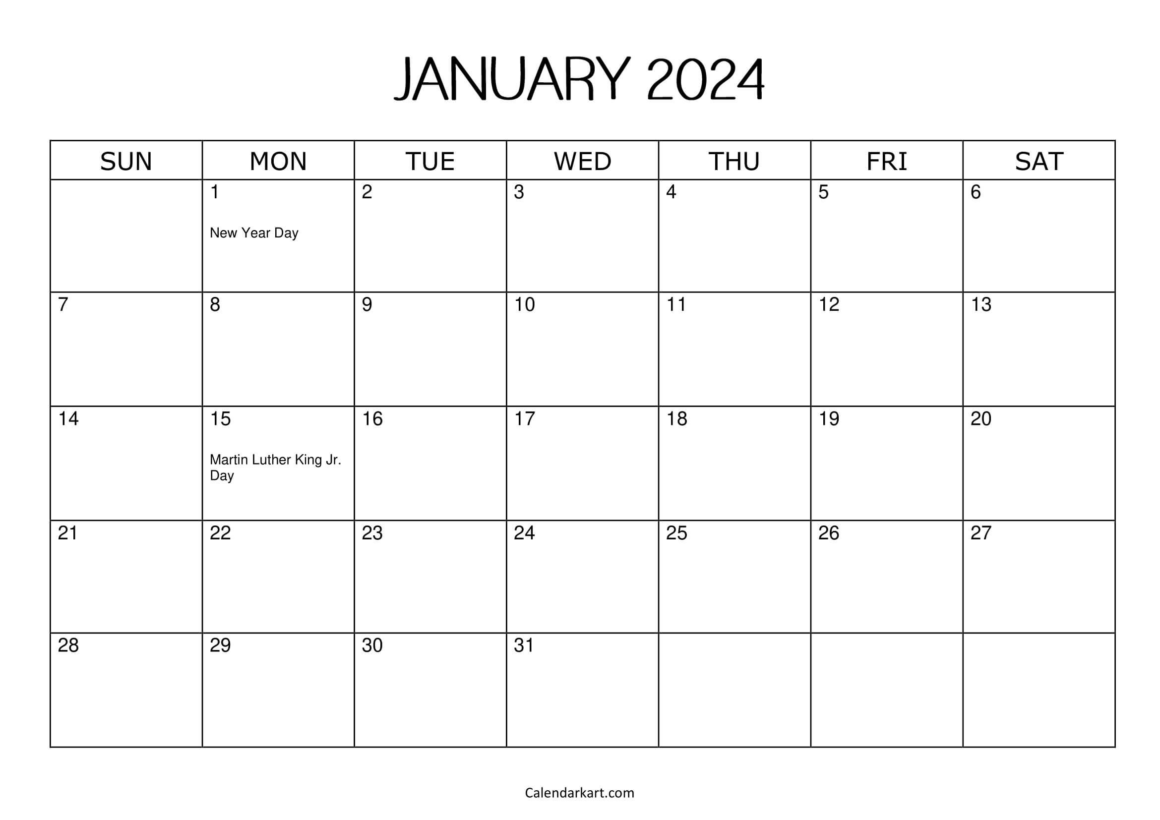 Free Printable January 2024 Calendars - Calendarkart | Printable 2024 Monthly Calendar With Holidays