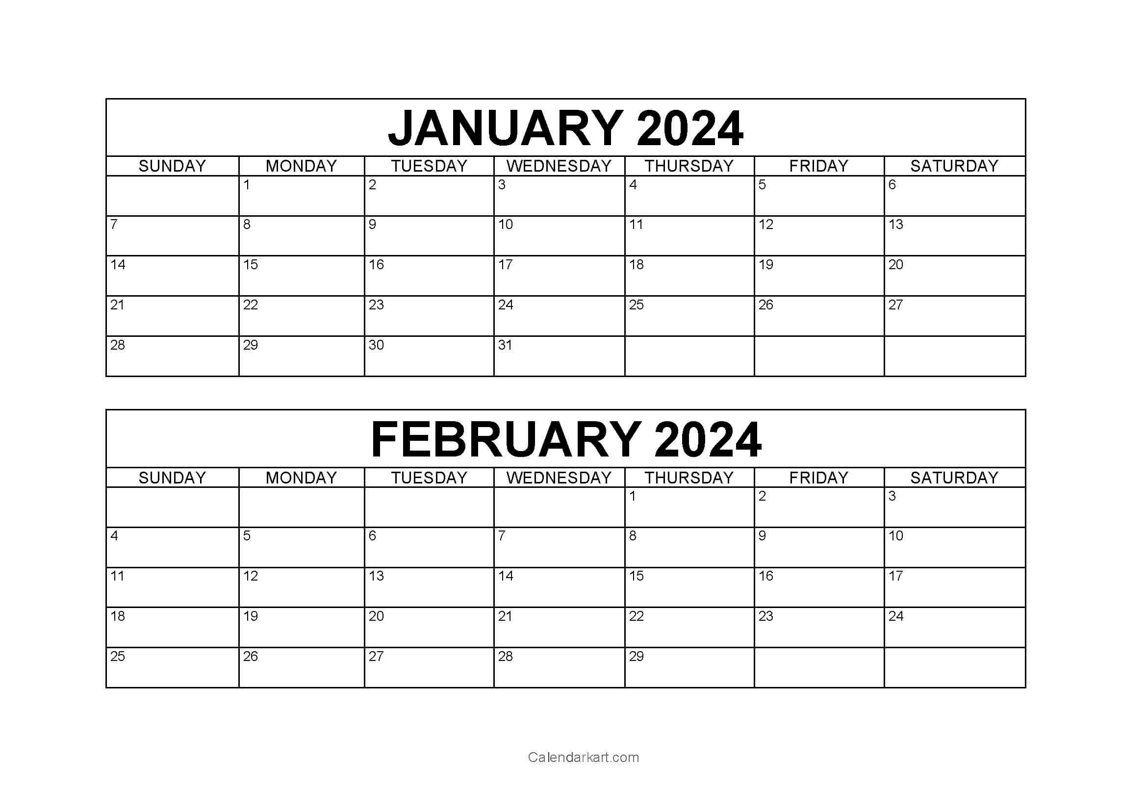 Free Printable January February Calendar 2024 - Calendarkart | Printable Calendar 2024 January And February