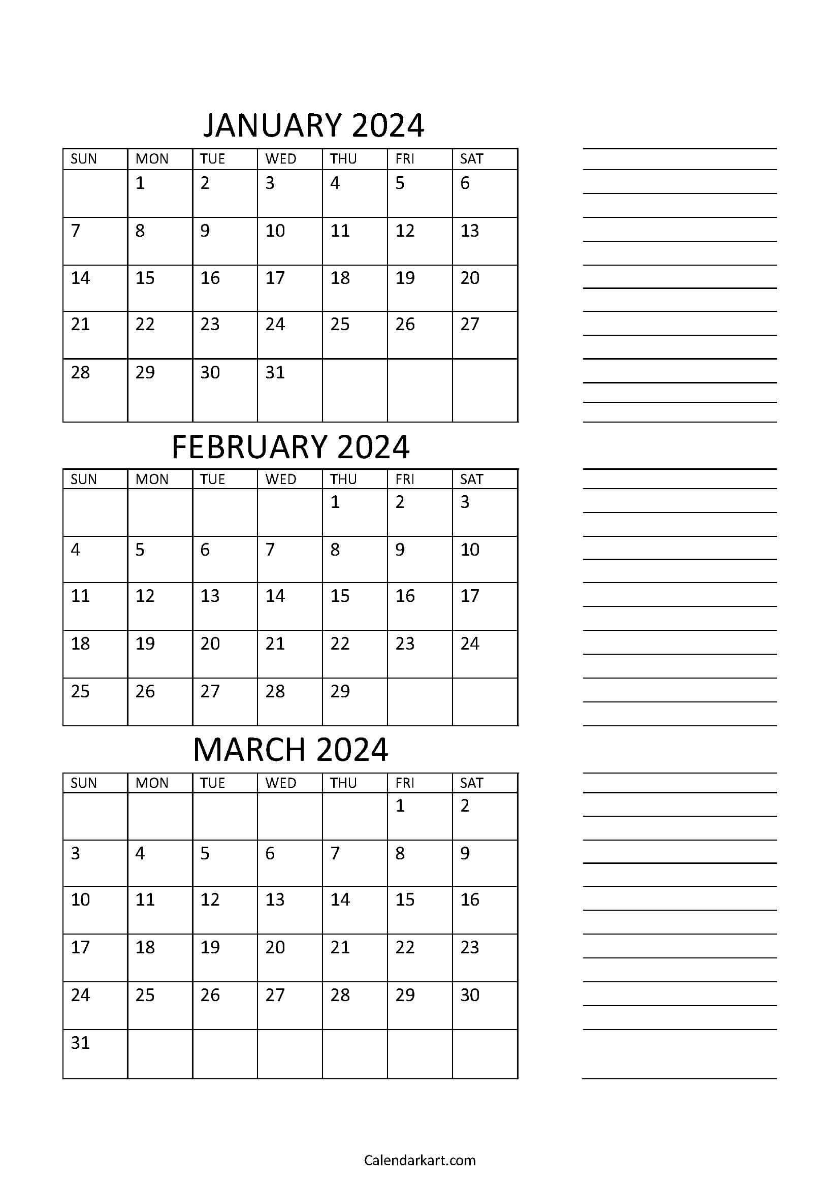 Free Printable January To March 2024 Calendar - Calendarkart | 2024 Calendar Printable 3 Months Per Page