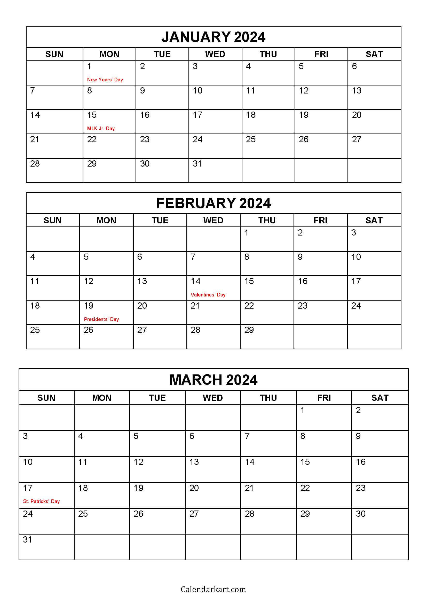 Free Printable January To March 2024 Calendar - Calendarkart | 2024 Calendar Printable Quarterly