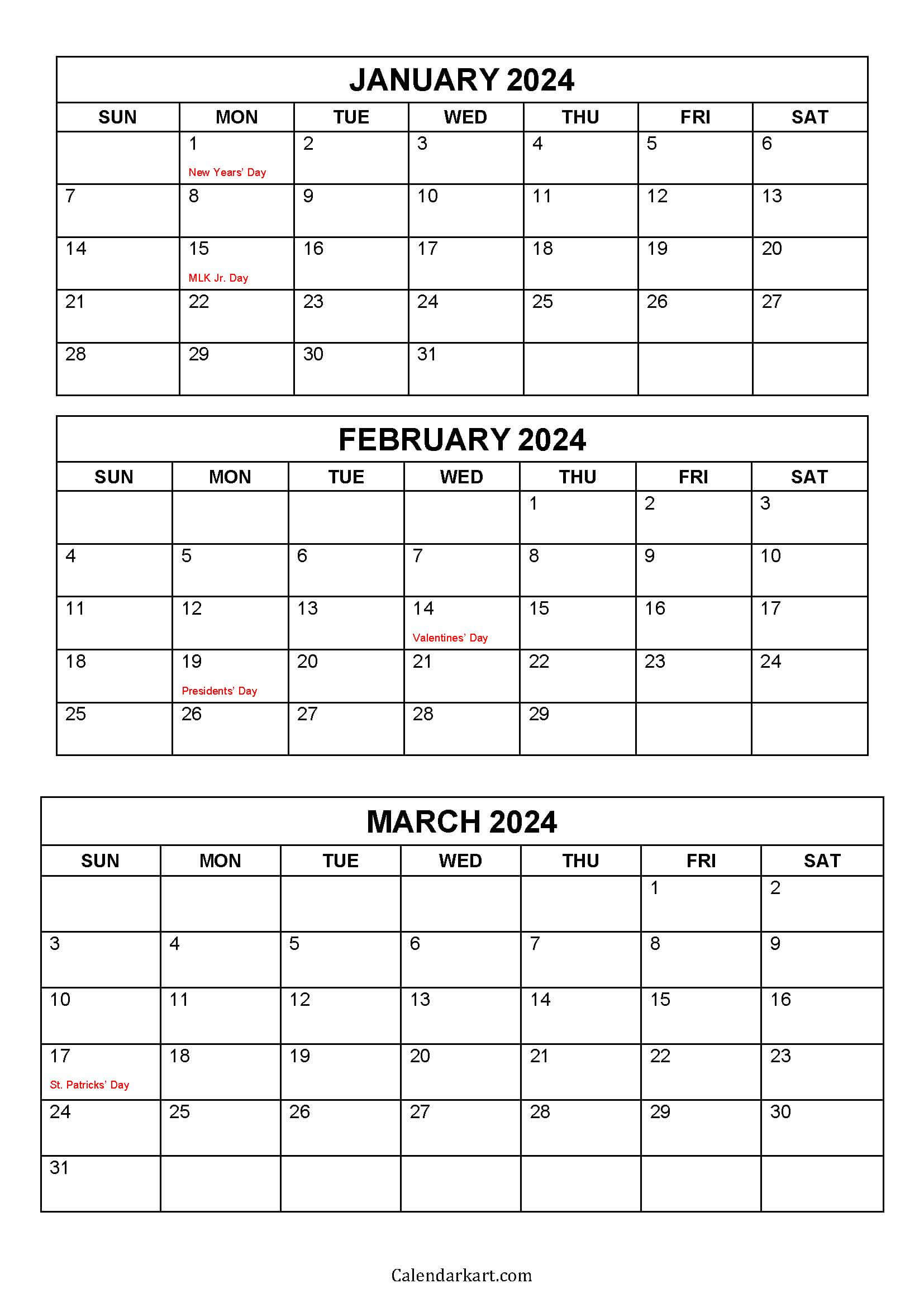 Free Printable January To March 2024 Calendar - Calendarkart | Printable Calendar 2024 3 Months Per Page