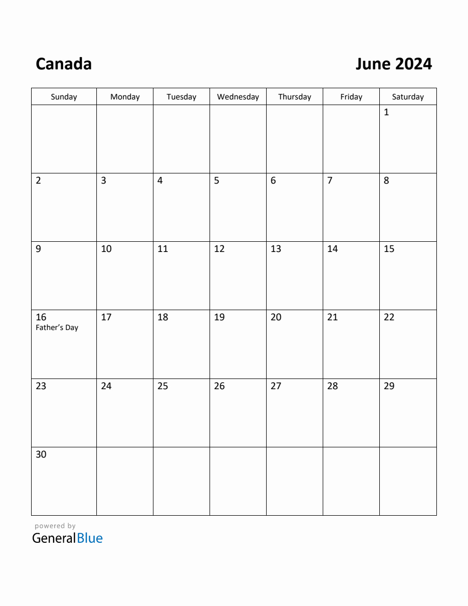 Free Printable June 2024 Calendar For Canada | Monthly Calendar 2024 Canada Printable