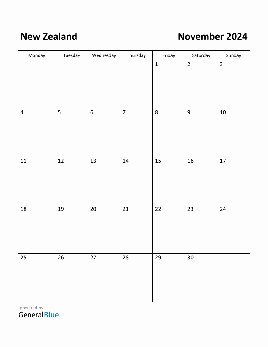 Free Printable November 2024 Calendar For New Zealand | Free Printable Calendar 2024 Nz