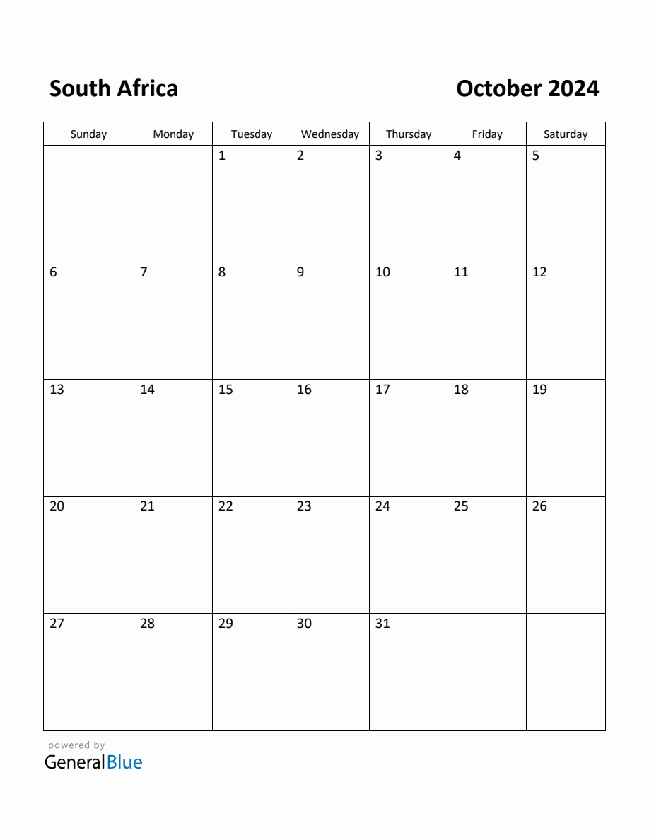 Free Printable October 2024 Calendar For South Africa | Free Printable Calendar 2024 South Africa