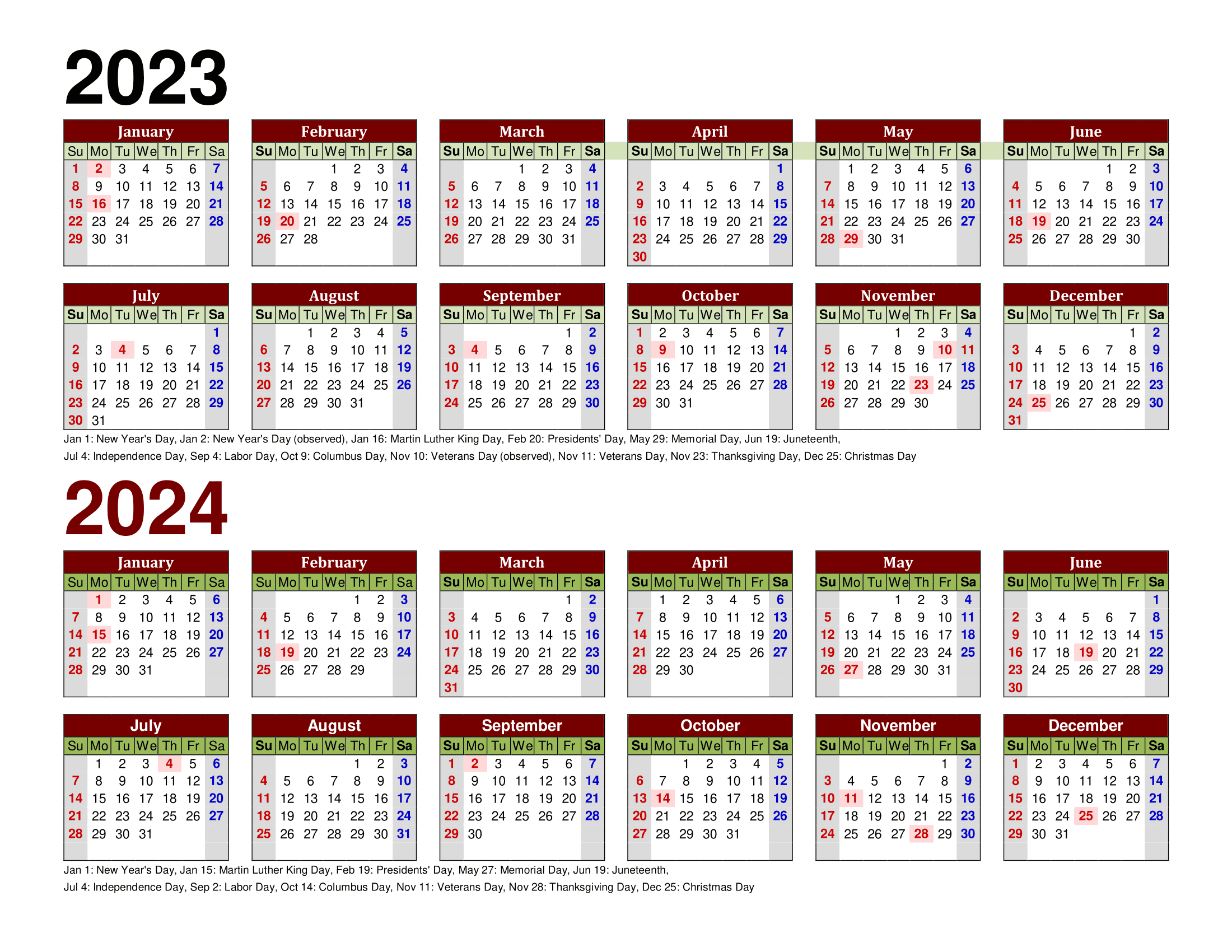 Free Printable Two Year Calendar Templates For 2023 And 2024 In Pdf | 2023 And 2024 Yearly Calendar