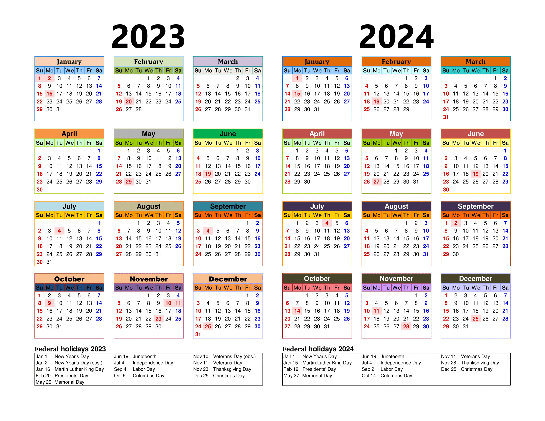 Free Printable Two Year Calendar Templates For 2023 And 2024 In Pdf | 2023 And 2024 Yearly Calendar