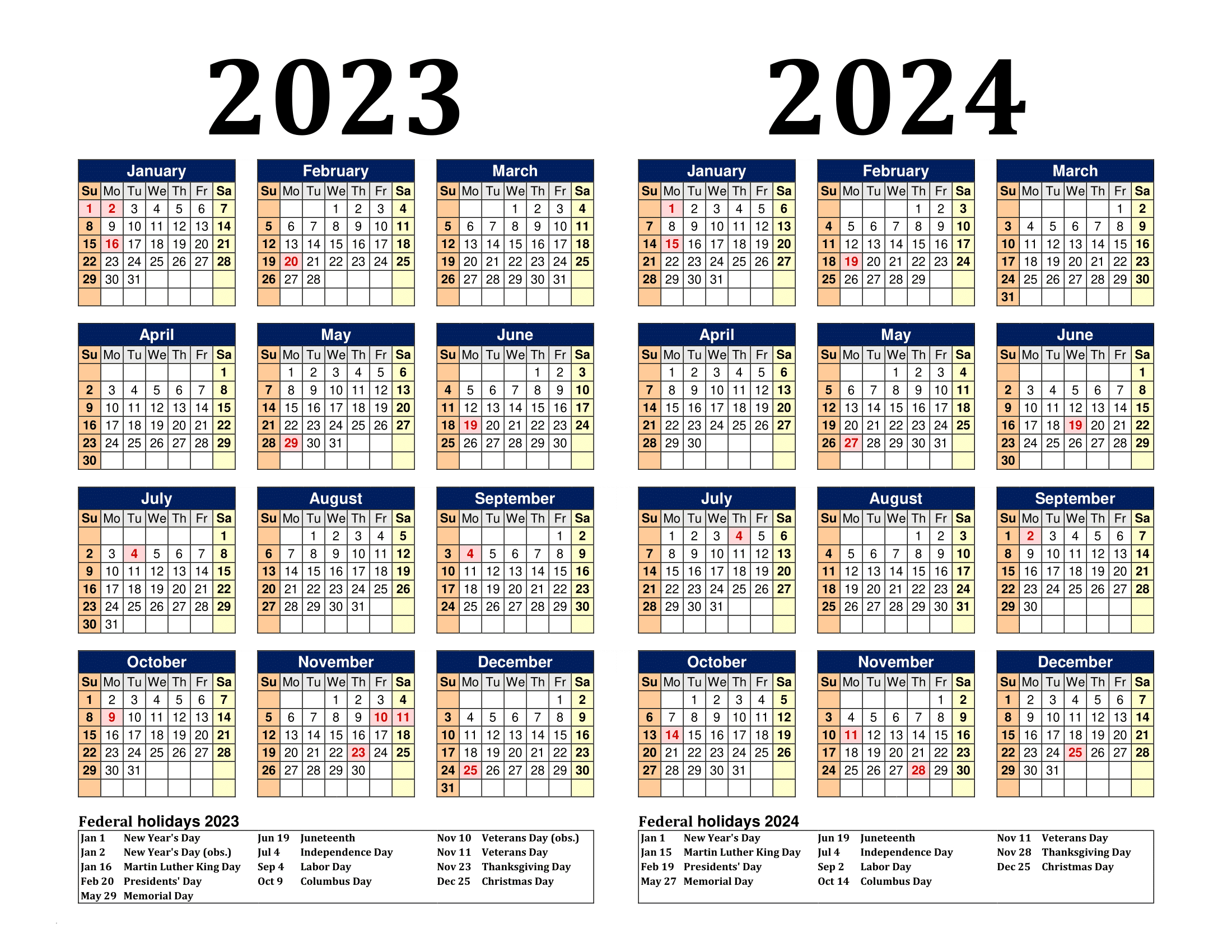 Free Printable Two Year Calendar Templates For 2023 And 2024 In Pdf | 2023 Calendar 2024 Printable By Month