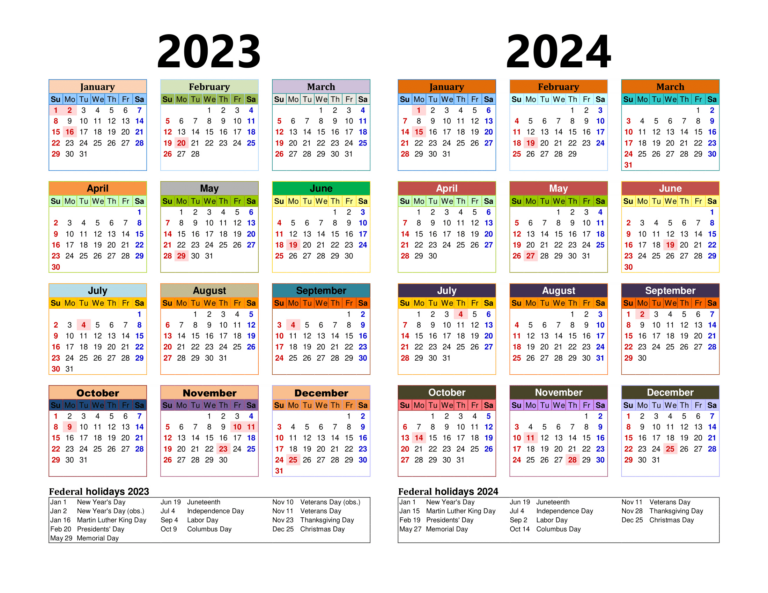 Free Printable Two Year Calendar Templates For 2023 And 2024 In Pdf | 2023 Calendar 2024 Printable With Holidays