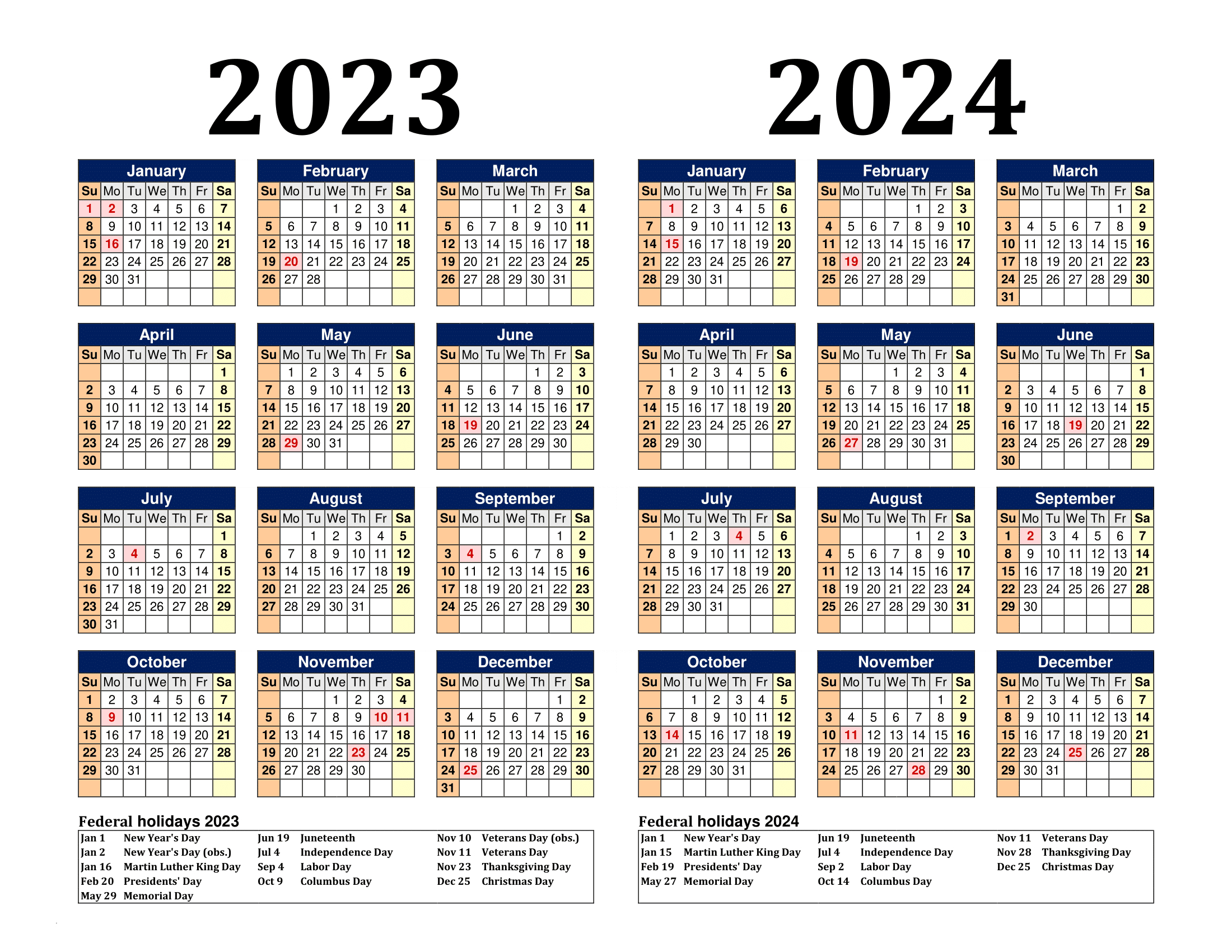 Free Printable Two Year Calendar Templates For 2023 And 2024 In Pdf | Free Printable Calendar 2023 2024 Editable