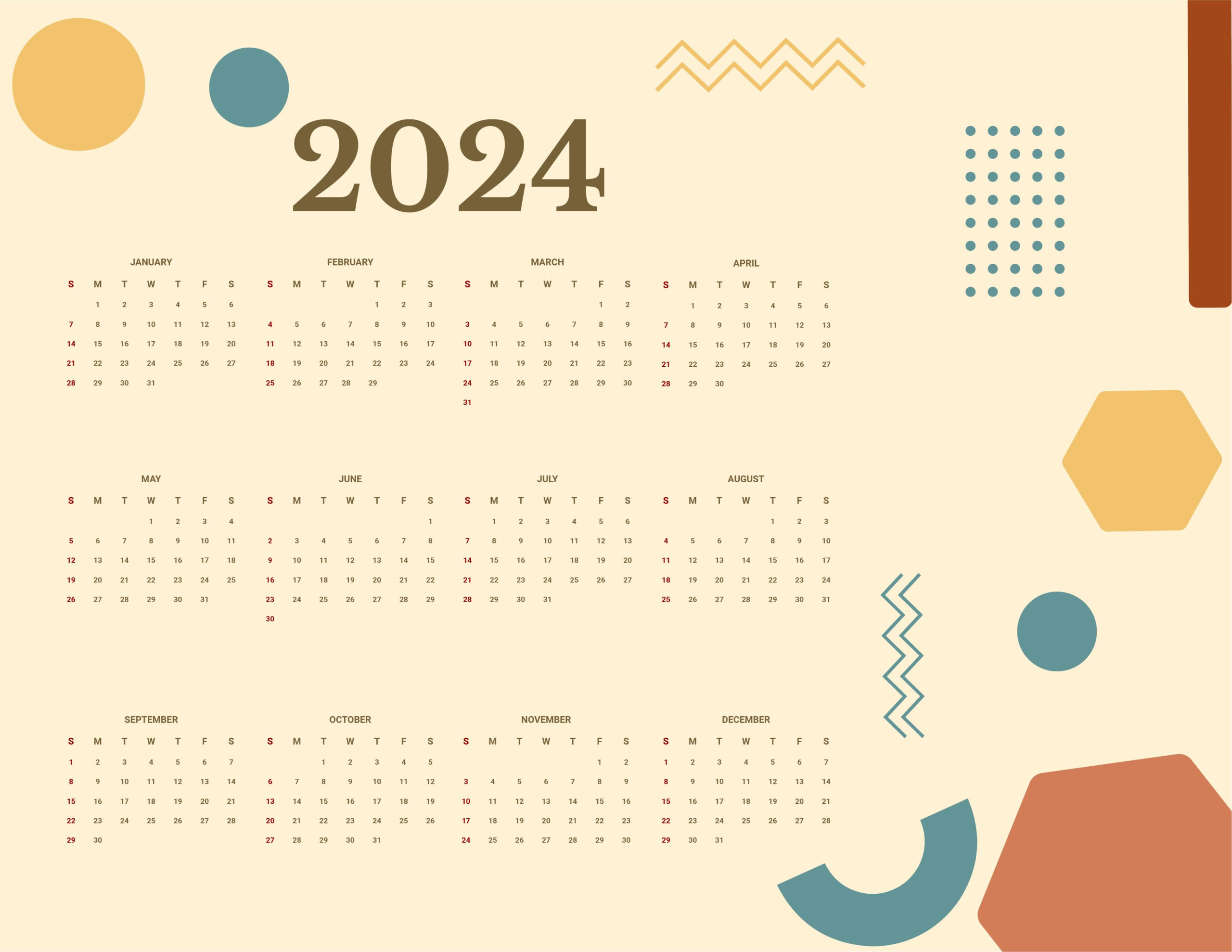 Free Printable Year 2024 Calendar - Download In Word, Google Docs | 2024 Yearly Calendar Template Word