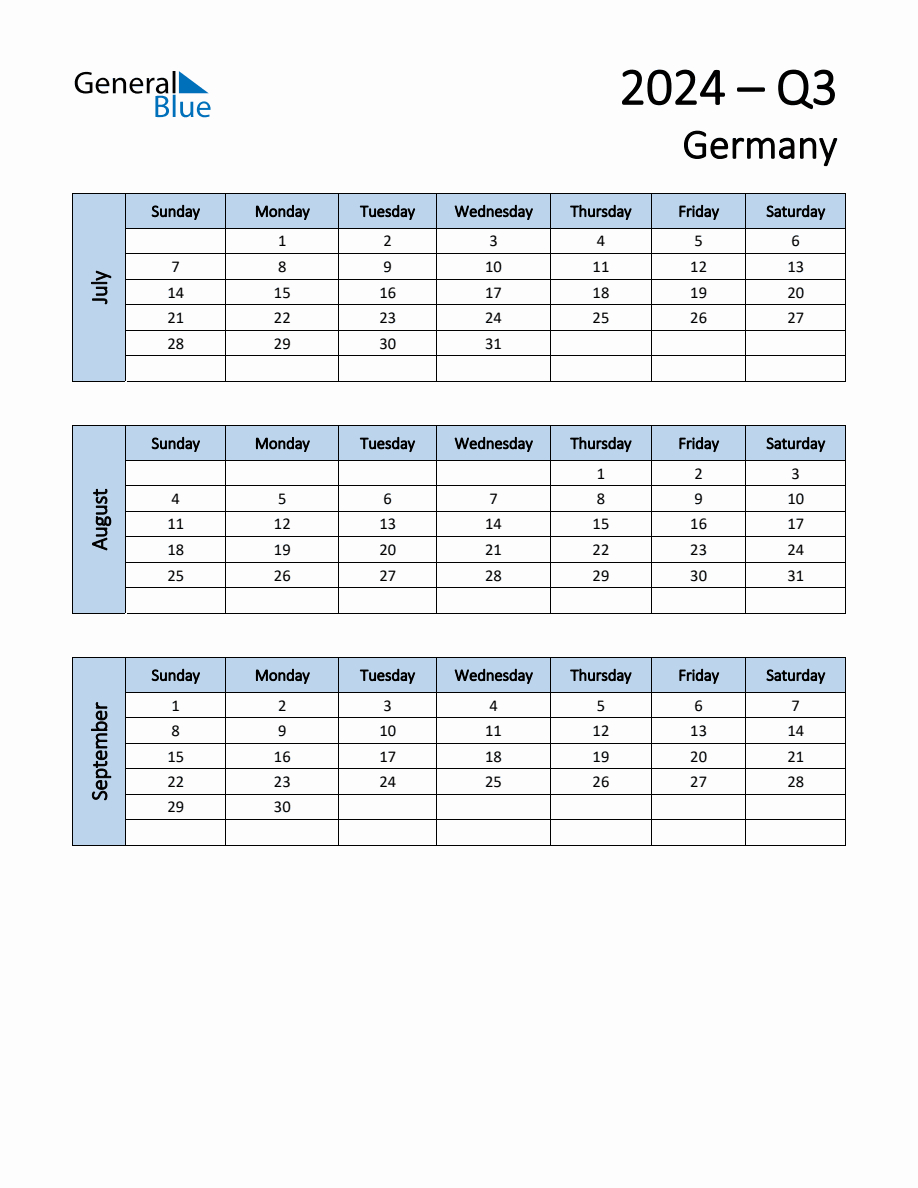 Free Q3 2024 Calendar For Germany - Sunday Start | Printable Calendar 2024 Germany