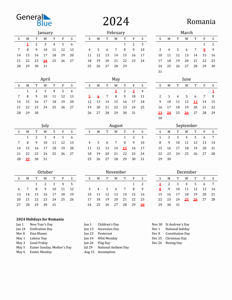 Free Romania Holidays Calendar For Year 2024 | Printable Calendar 2024 Romanesc Pdf