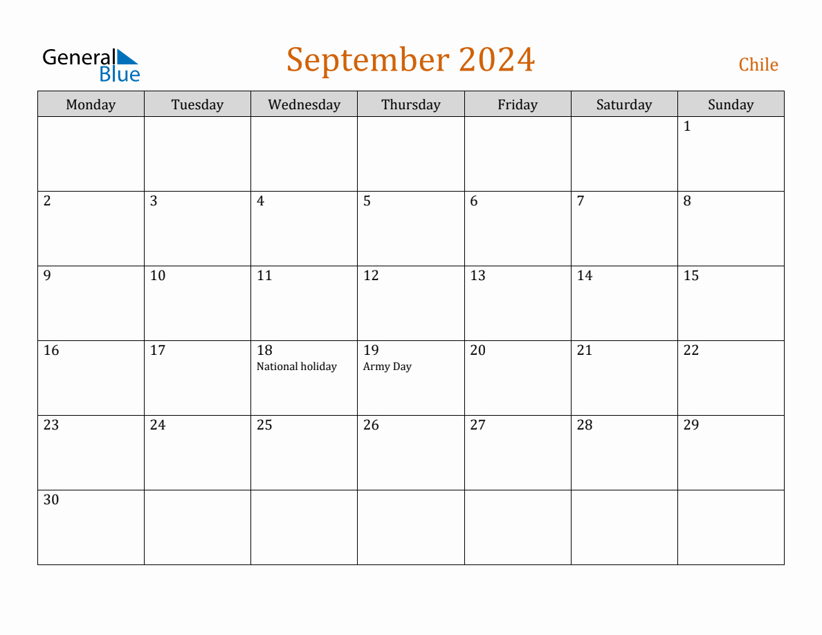 Free September 2024 Chile Calendar | Free Printable Calendar 2024 General Blue