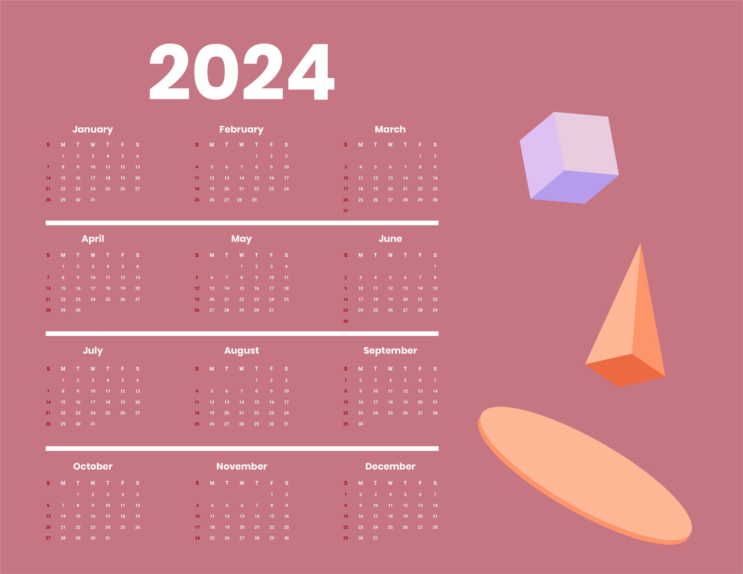 Free Simple Year 2024 Calendar - Download In Word, Illustrator | 2024 Calendar Printable Word Doc