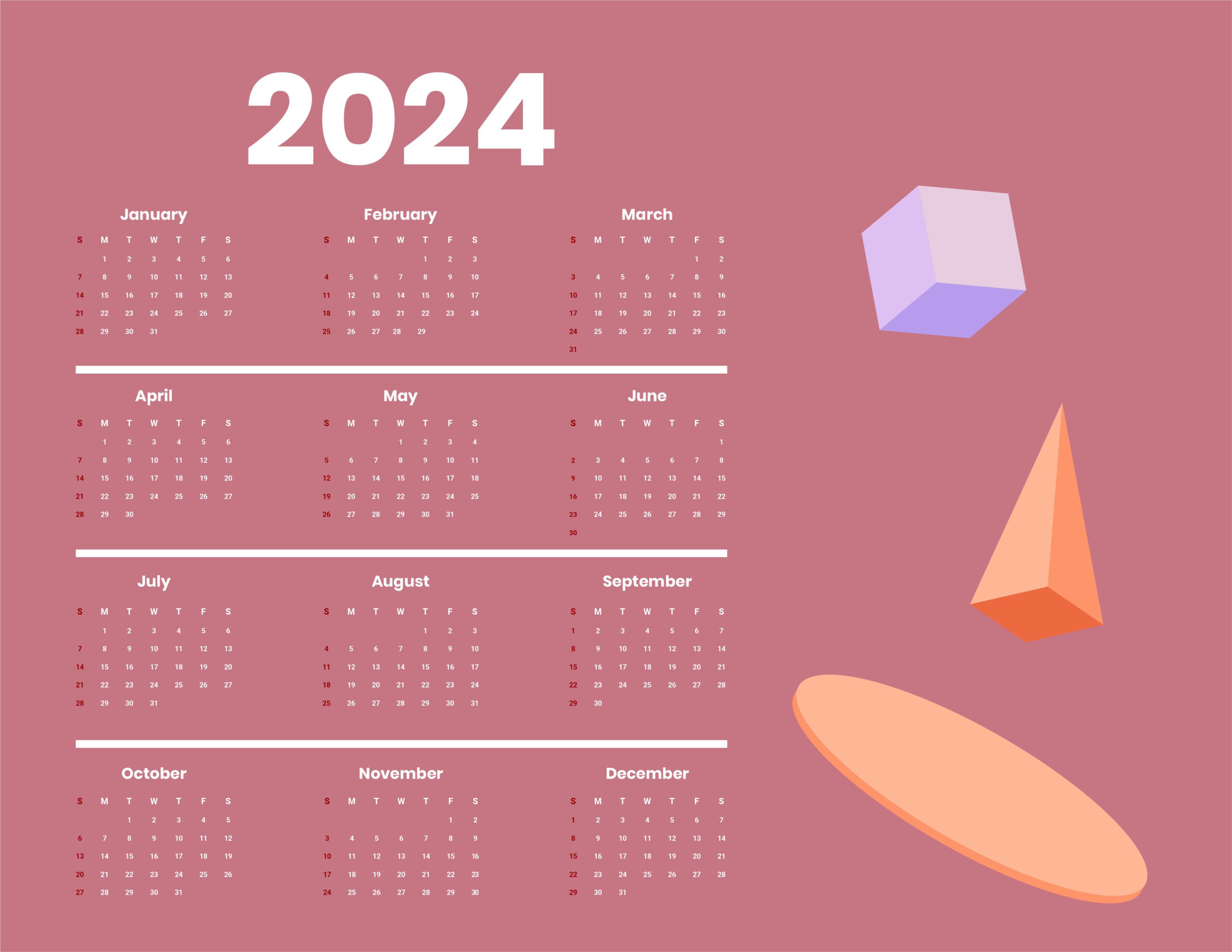 Free Simple Year 2024 Calendar - Download In Word, Illustrator | 2024 Yearly Calendar Template Word Editable