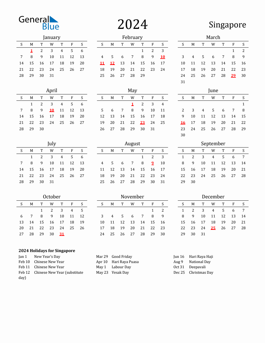 Free Singapore Holidays Calendar For Year 2024 | 2024 Calendar Singapore Printable Pdf Download