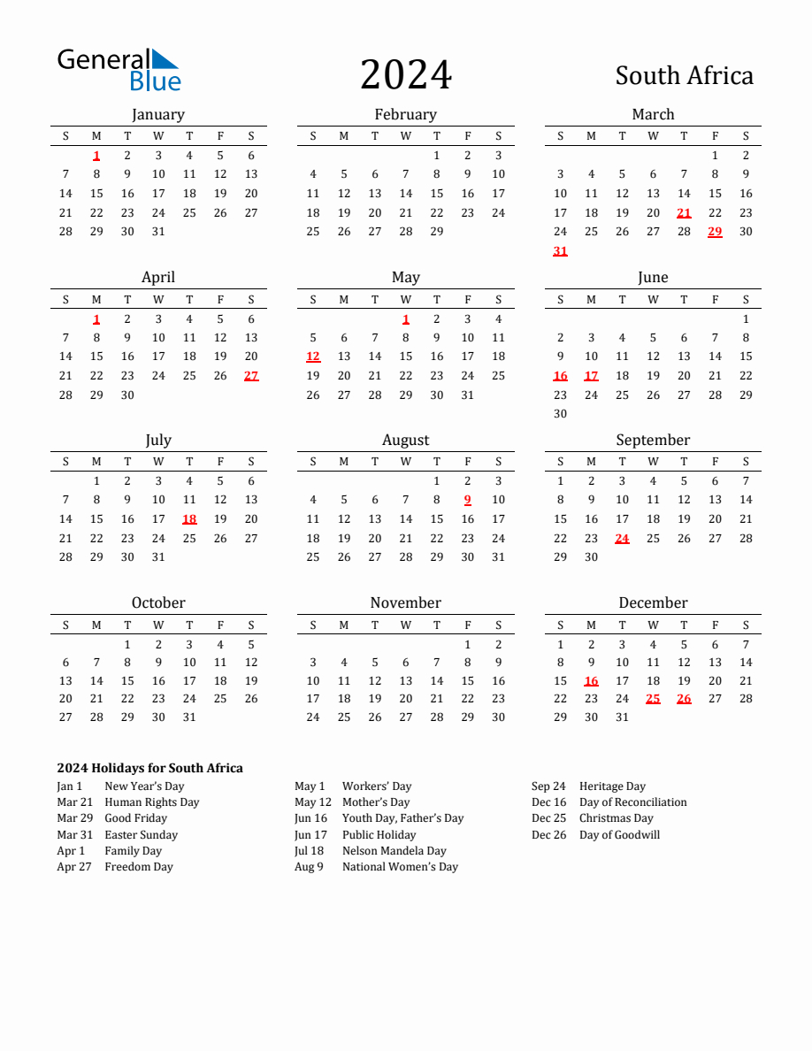 Free South Africa Holidays Calendar For Year 2024 | Printable Calendar 2024 South Africa