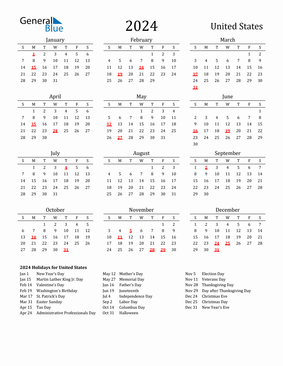 Free United States Holidays Calendar For Year 2024 | 2024 Monthly Calendar Printable General Blue