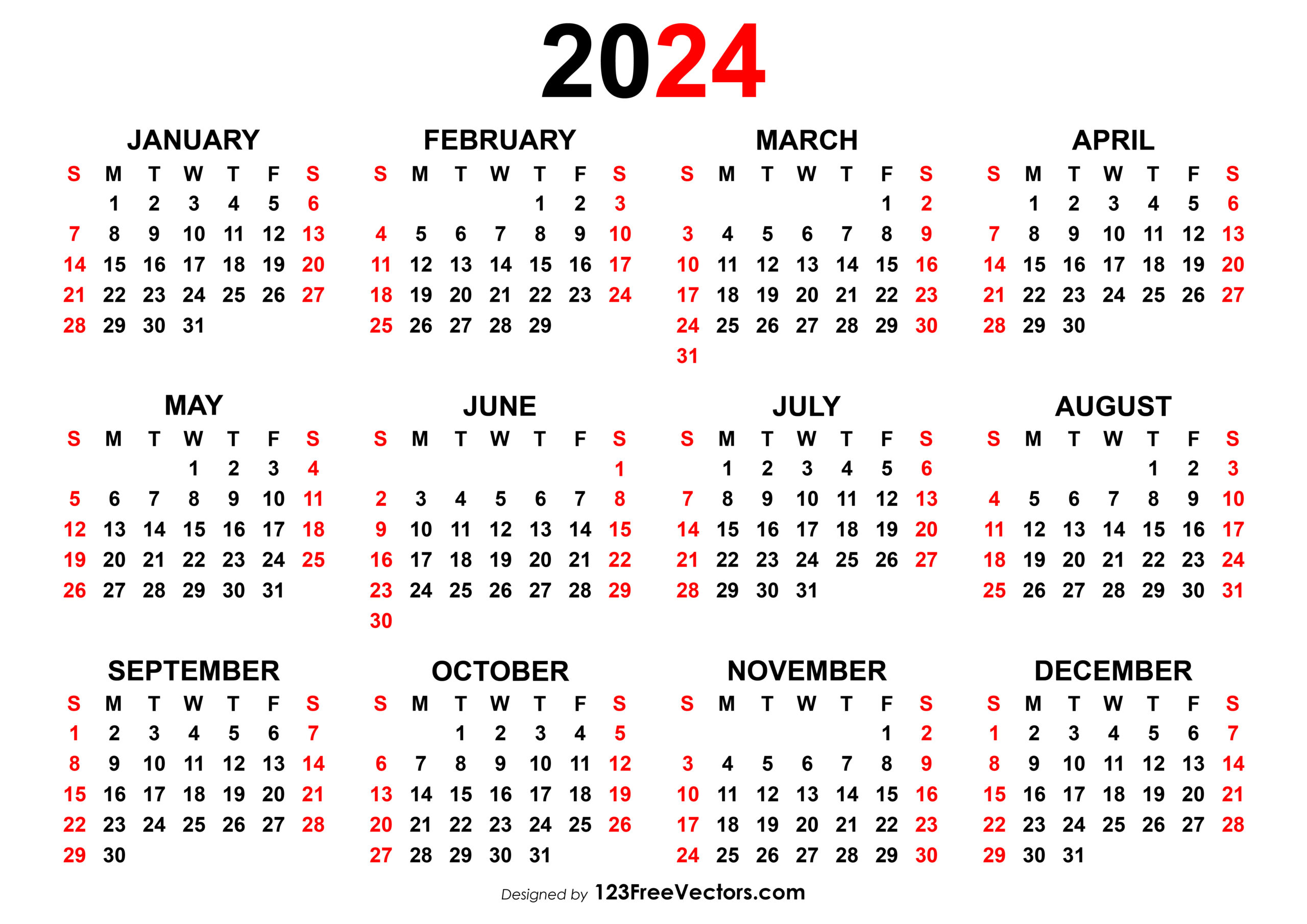 Free Yearly Calendar 2024 | Calendar For 2024