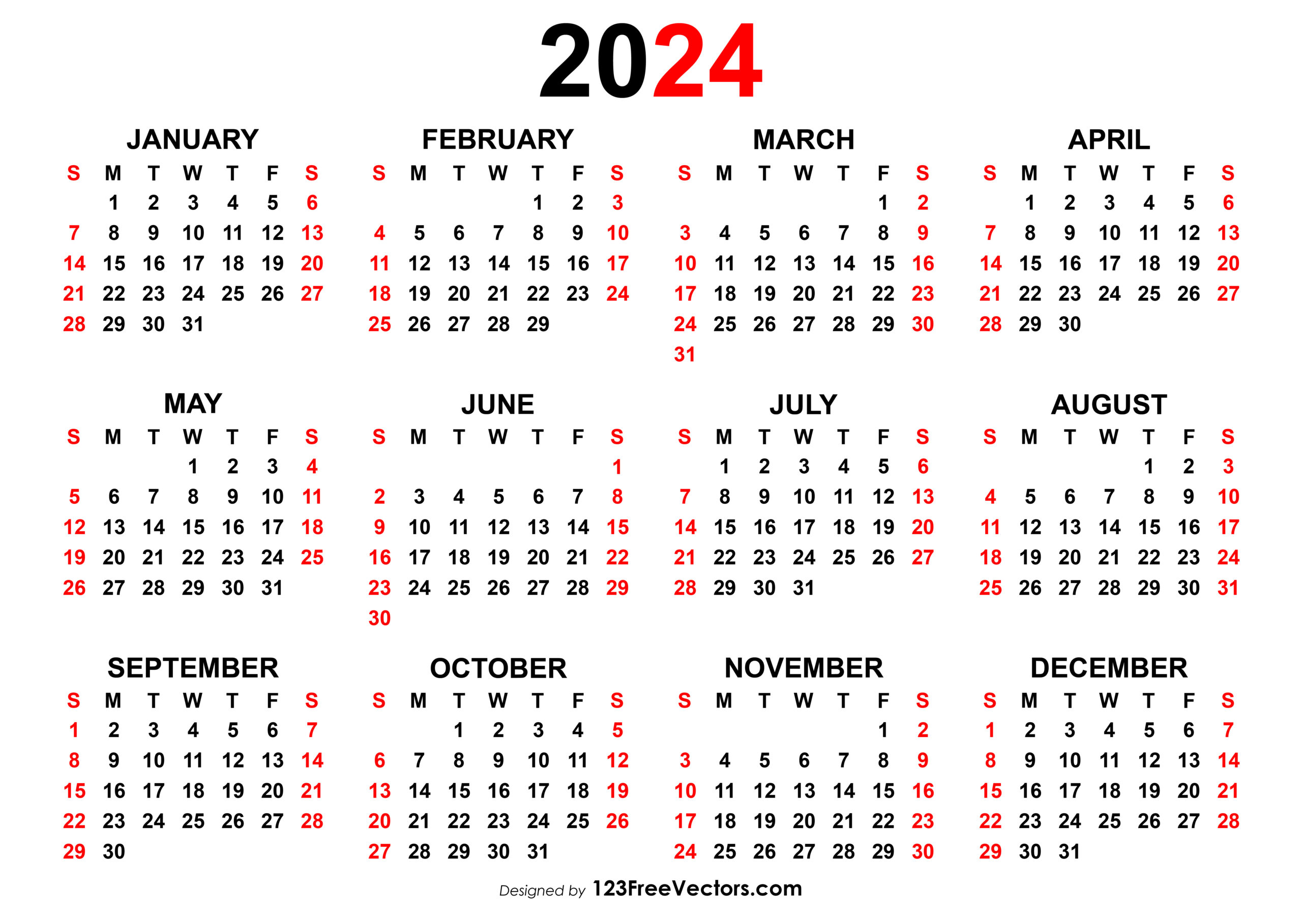 Free Yearly Calendar 2024 | Yearly Overview Calendar 2024