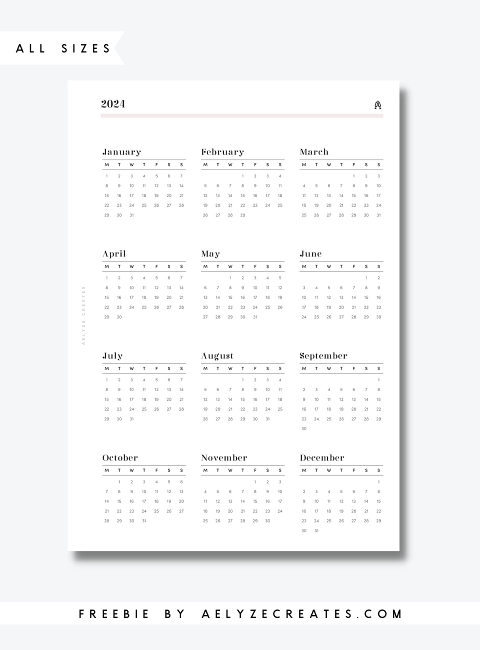 Freebie - All Sizes - 2024 Glance - Aelyzecreates | Printable Calendar 2024 Ltr Size