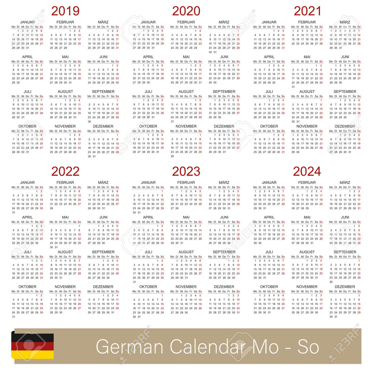 German Calendar 2019 - 2024, Week Starts On Monday, Simple | Printable Calendar 2024 Germany