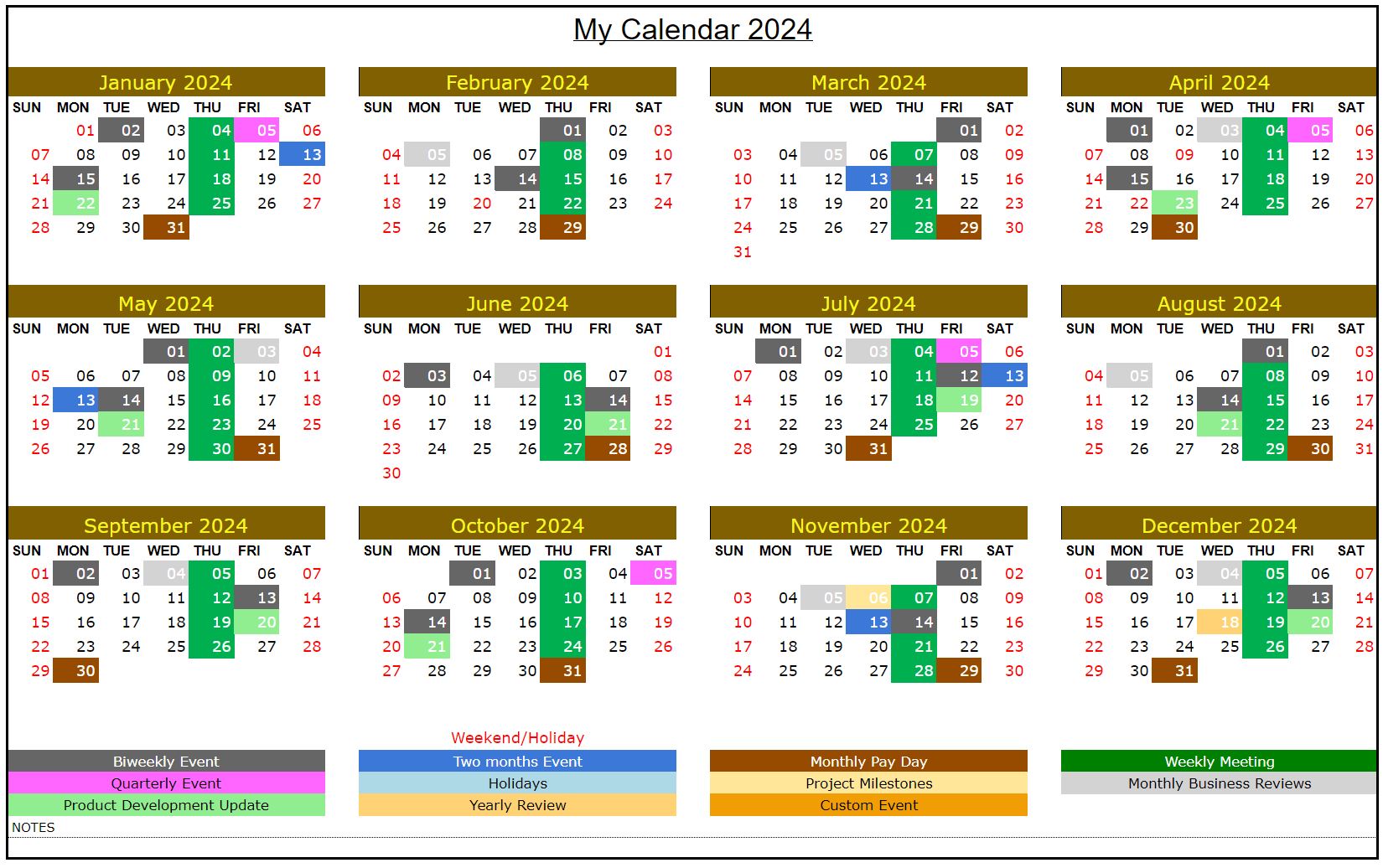 2024 Yearly Calendar Google Sheets Printable Calendar 2024