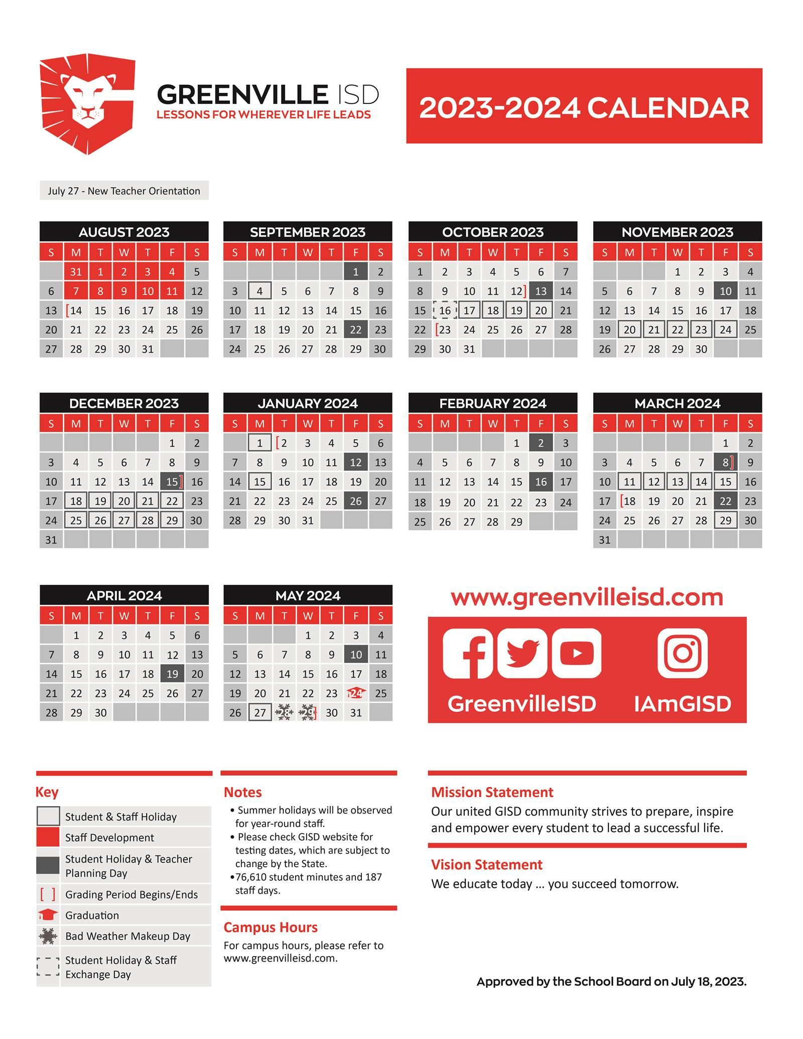 Greenville Independent School District / Calendar | Gisd Calendar 2024 25 Printable