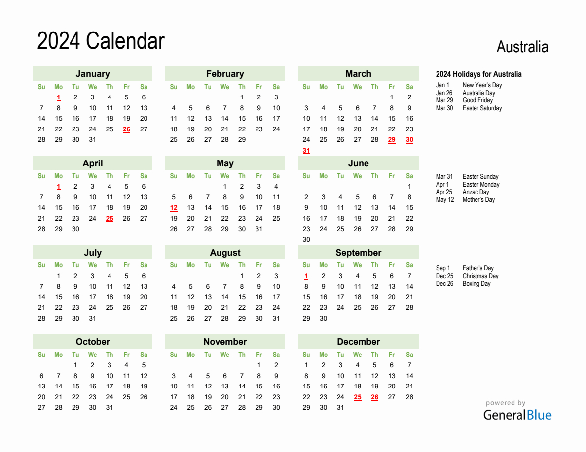 Holiday Calendar 2024 For Australia (Sunday Start) | 2024 Calendar Printable With Holidays Australia